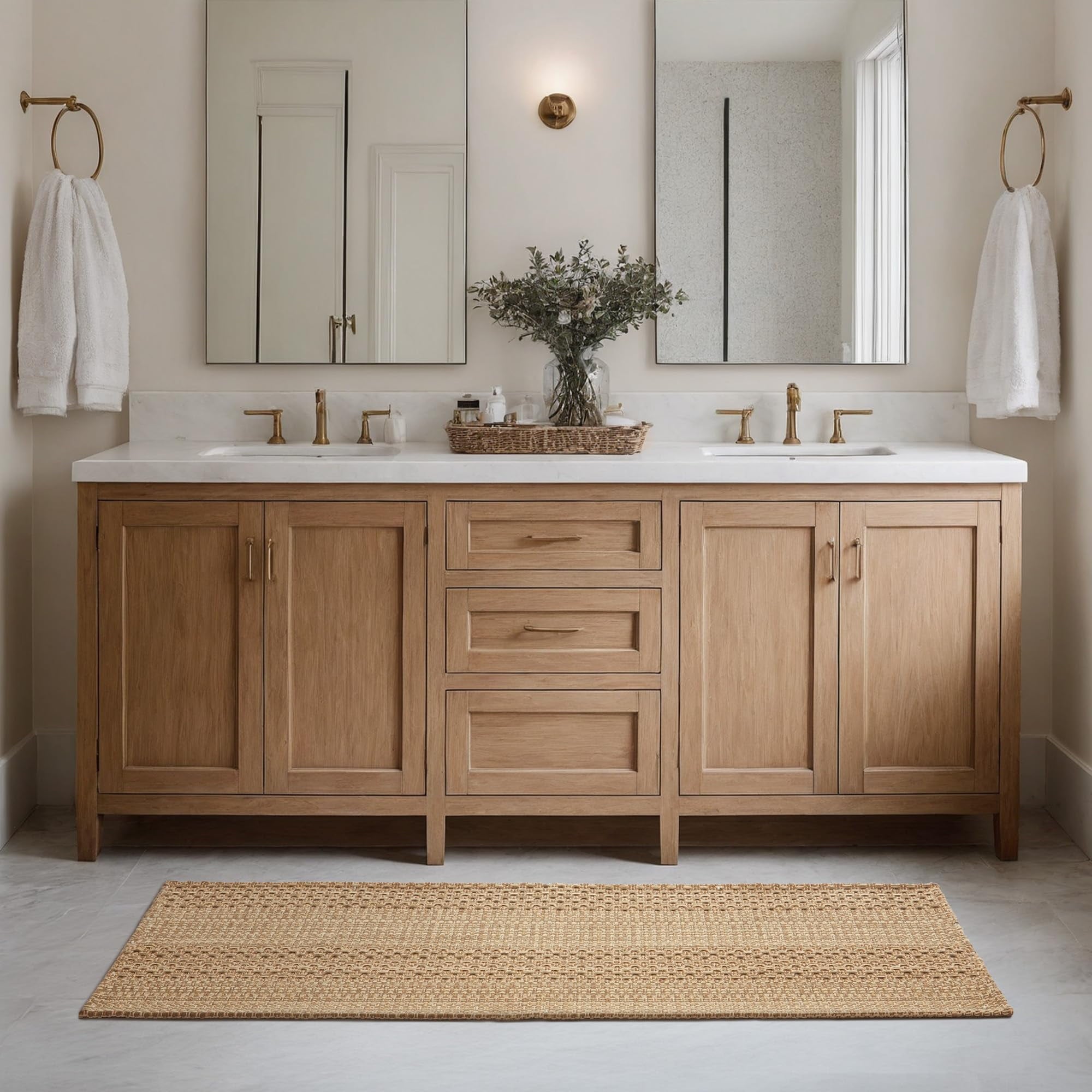 2'x6' Boho Runner Rug Kitchen Mat Non-Slip - Machine Washable Hallway & Entryway Carpet, Hand-Woven Cotton Farmhouse Design for Kitchen, High Traffic Areas, Light Taupe Brown