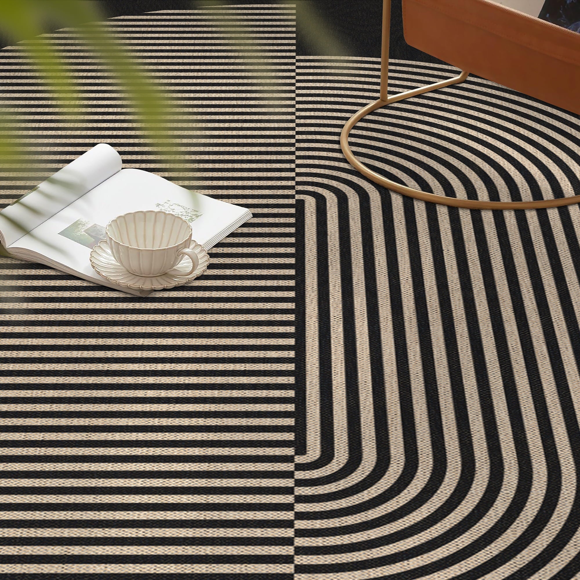 BERTHMEER 5'x7' Easy Jute Area Rugs, Washable Rugs for Living Room Farmhouse Neutral Carpet Non Slip Contemporary Geometric Stripes Black Rugs for Office Bedroom Dining Room