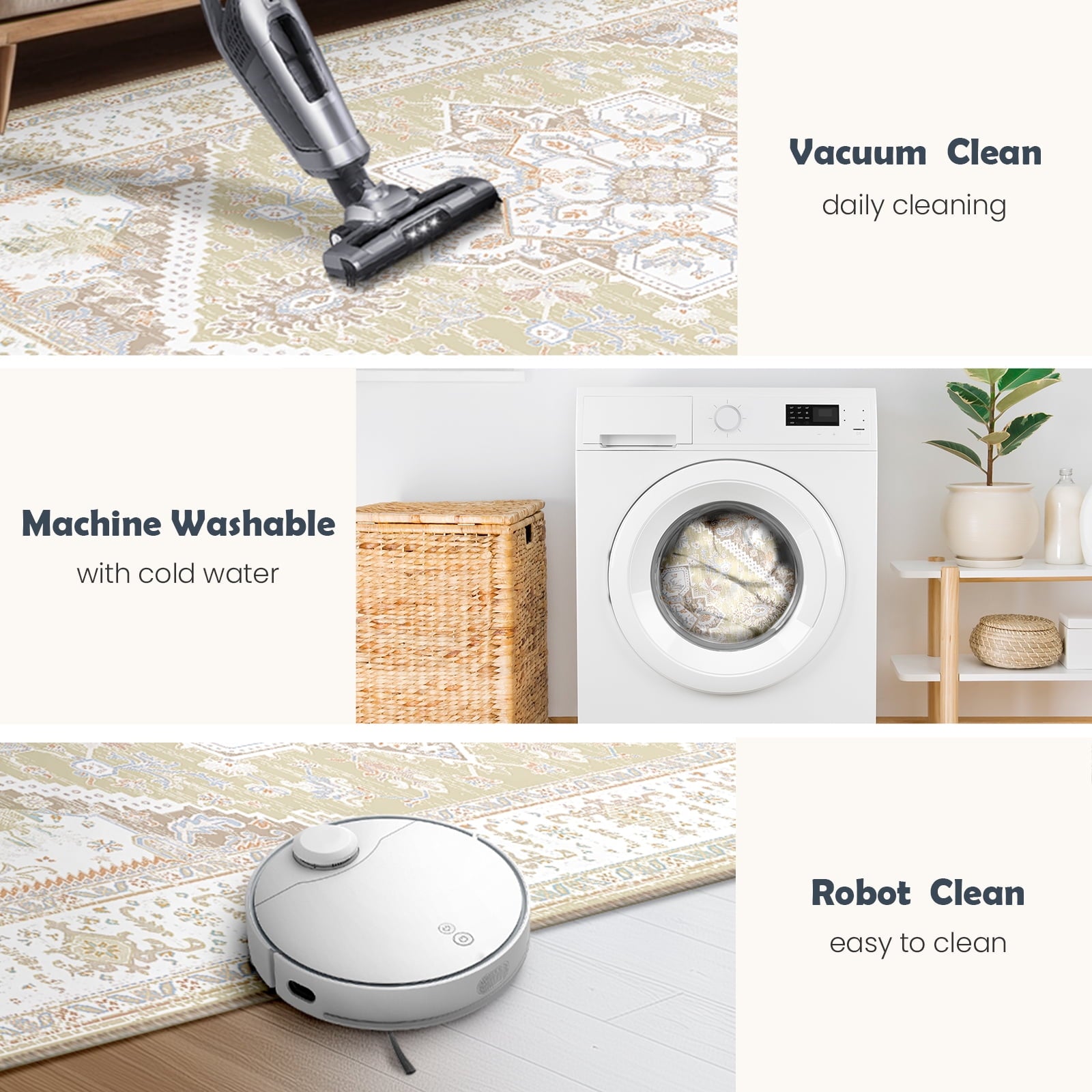 8'x10' Area Rugs, Machine Washable Non Slip Area Rug for Living Room, Soft Low Pile Vintage Print Pattern Indoor Bedroom Thin Carpet, Cream