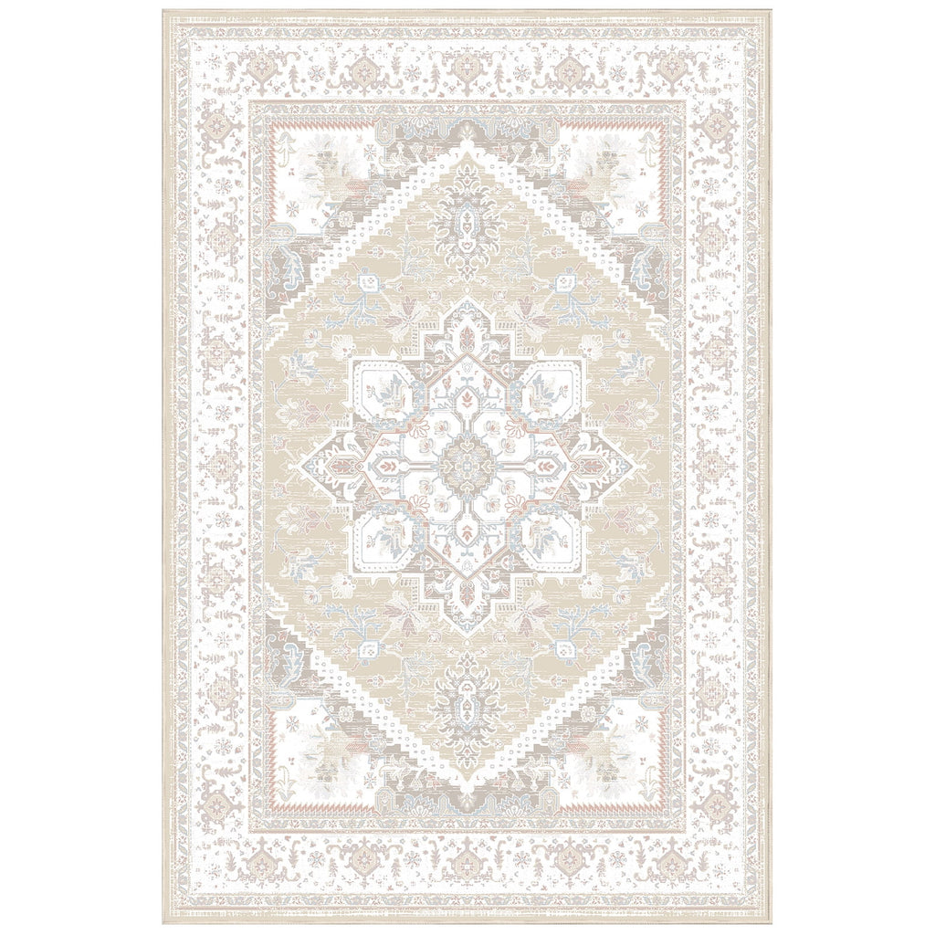 8'x10' Area Rugs, Machine Washable Non Slip Area Rug for Living Room, Soft Low Pile Vintage Print Pattern Indoor Bedroom Thin Carpet, Cream