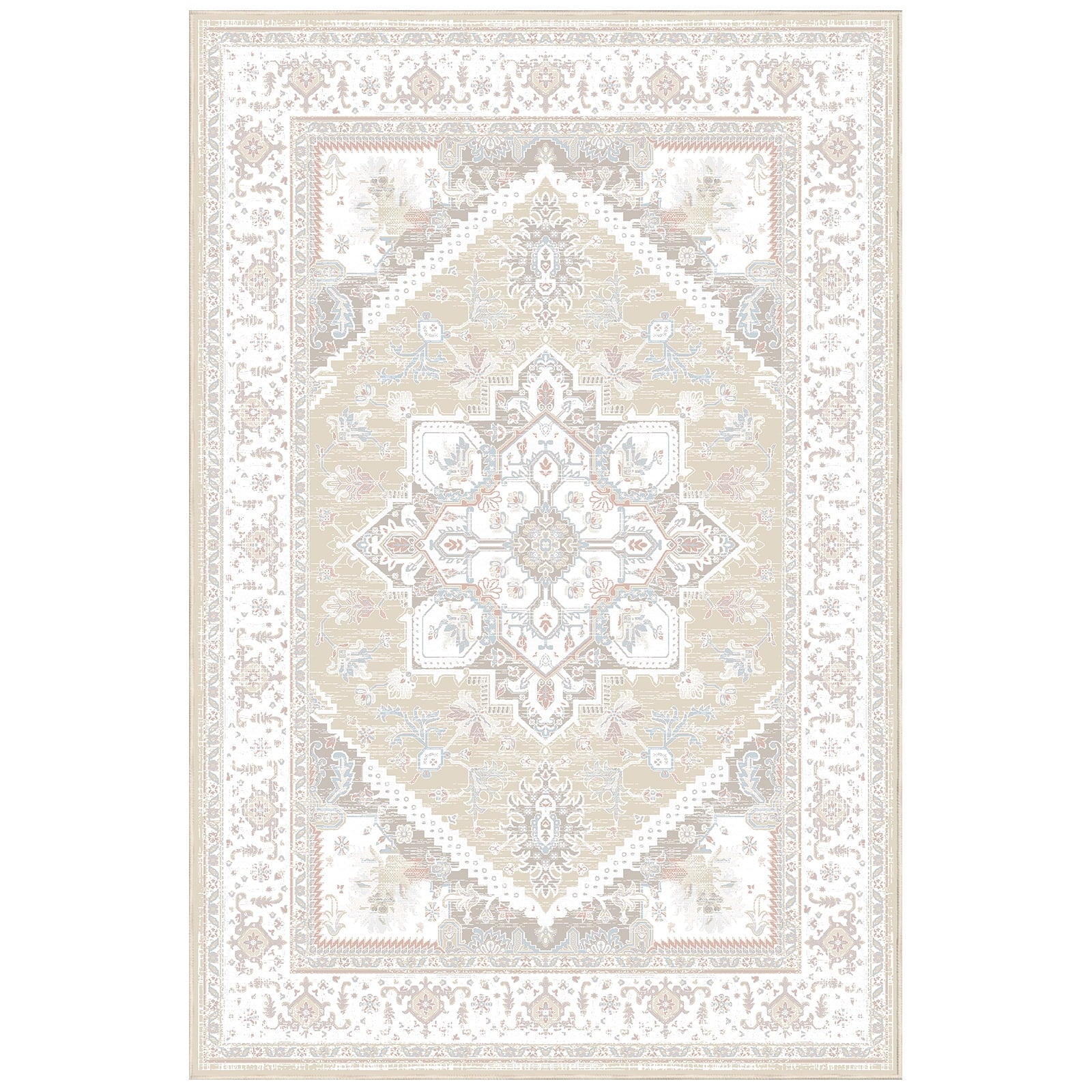 8'x10' Area Rugs, Machine Washable Non Slip Area Rug for Living Room, Soft Low Pile Vintage Print Pattern Indoor Bedroom Thin Carpet, Cream