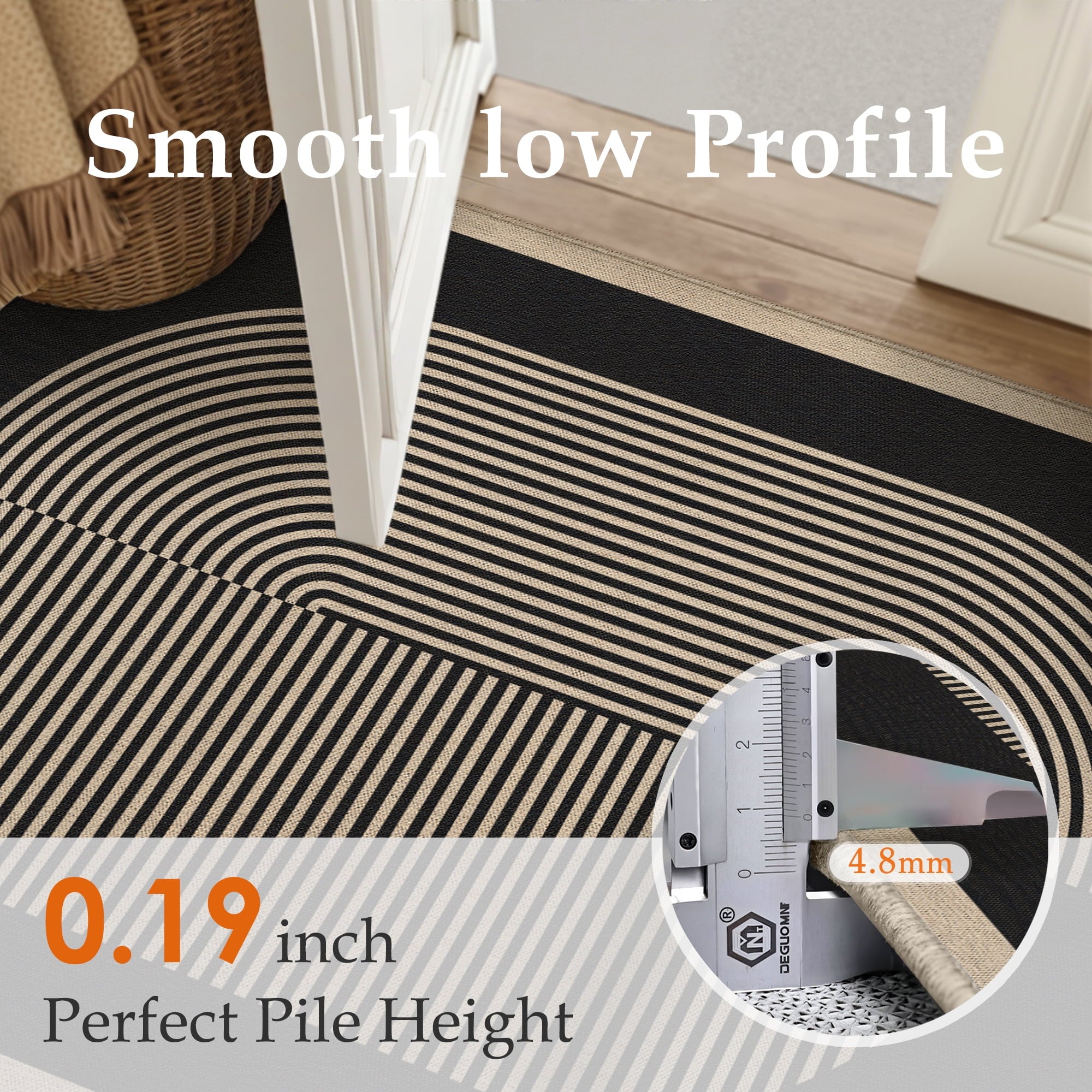 BERTHMEER 5'x7' Easy Jute Area Rugs, Washable Rugs for Living Room Farmhouse Neutral Carpet Non Slip Contemporary Geometric Stripes Black Rugs for Office Bedroom Dining Room