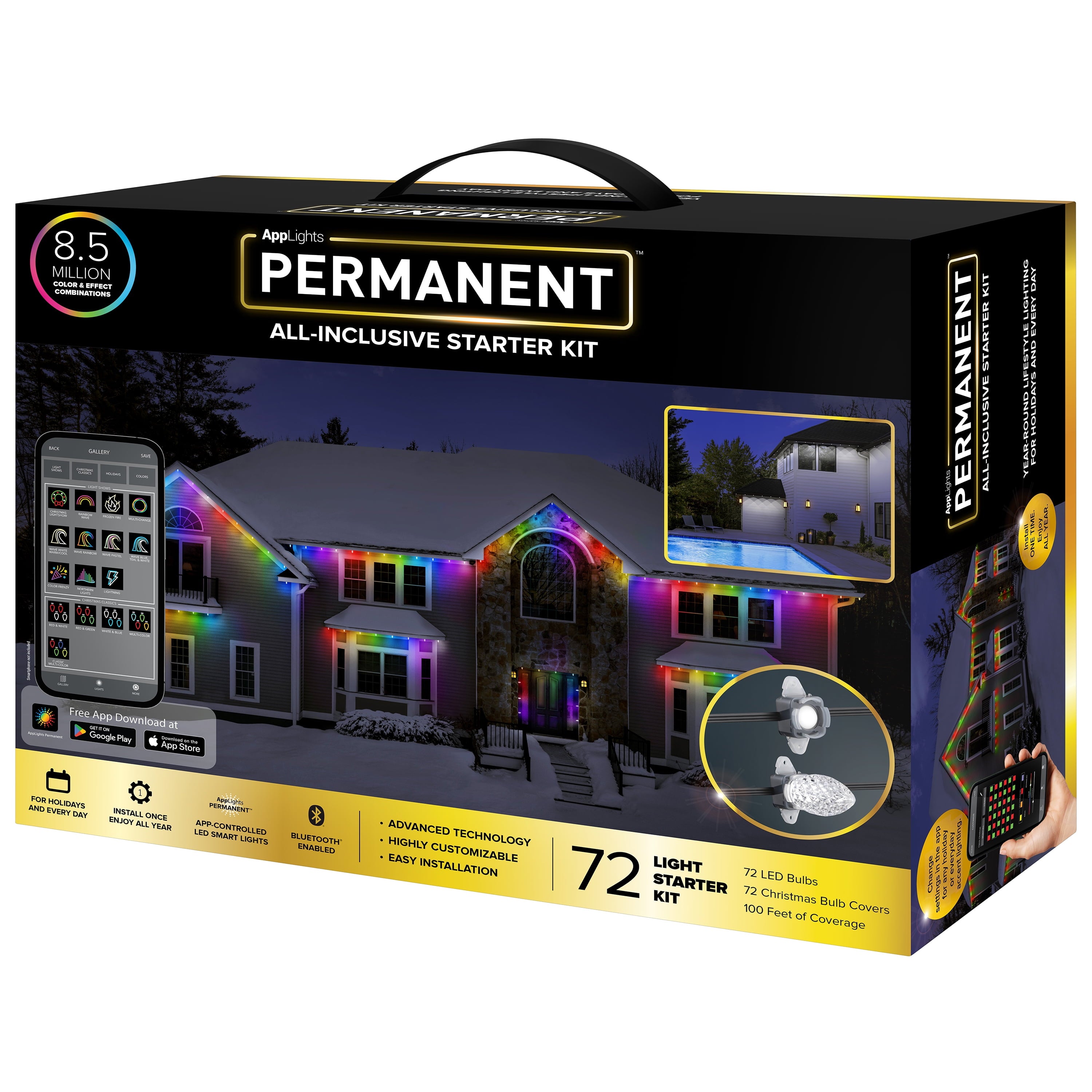 AppLights PERMANENT™ Starter Kit Christmas Light String with 72 LEDs, 100 feet, Permanent Outdoor House Lights LED Roofline Lights, App-Ready Smart Trim Lighting , Black