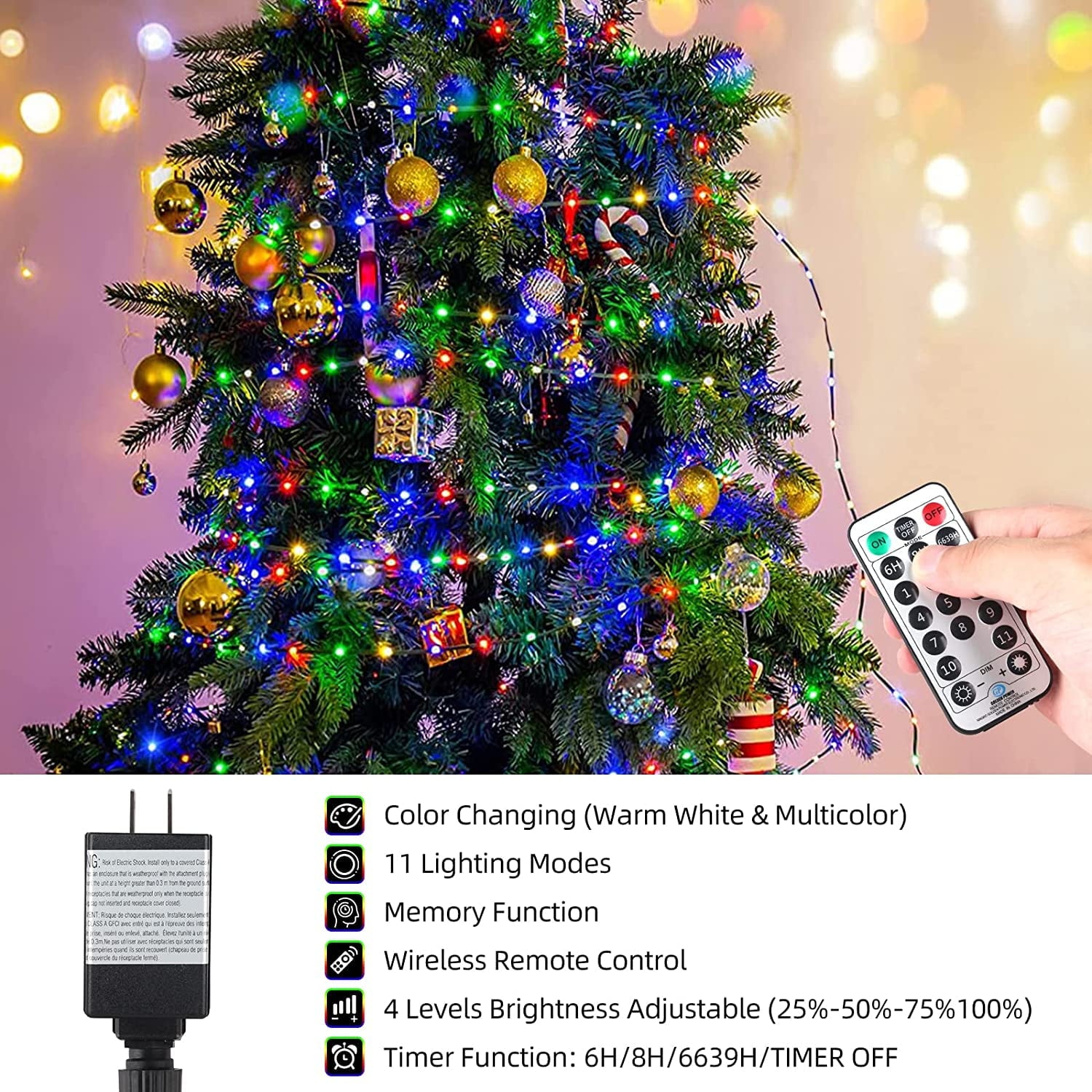 Christmas Decor Light Outdoor Indoor 108FT 200LED, JUHEFA Waterproof Twinkle Plug-in String Lights with 8 Modes, Universal Accessory for Christmas Tree, Holiday, Wedding, Garden Party (Color)