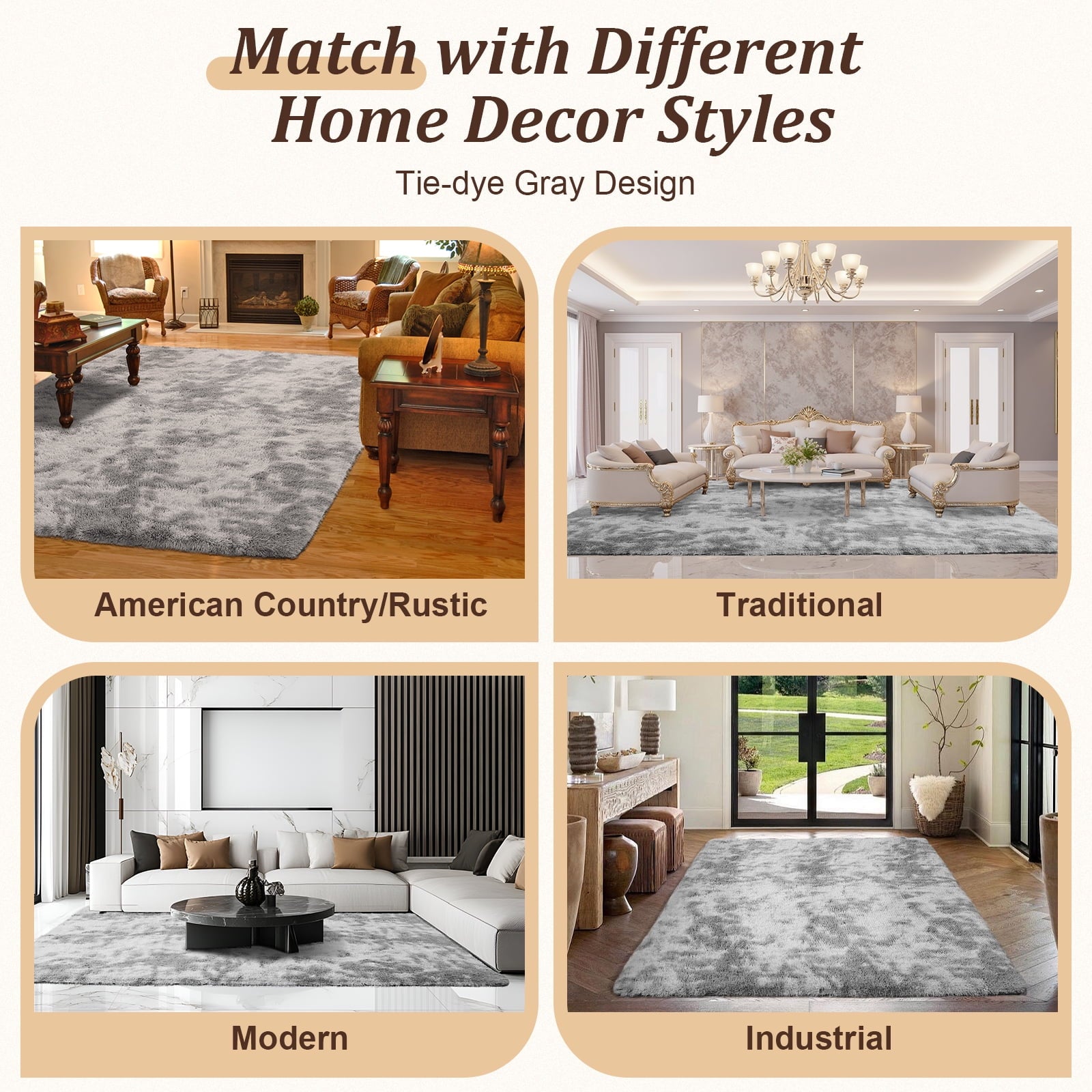 Emossie 5' x 8' Rug for Living Room, Large Washable Shag Rug, Indoor Modern Tie-dye Area Rugs for Bedroom, Rectangle Fluffy Home Carpets, Gray