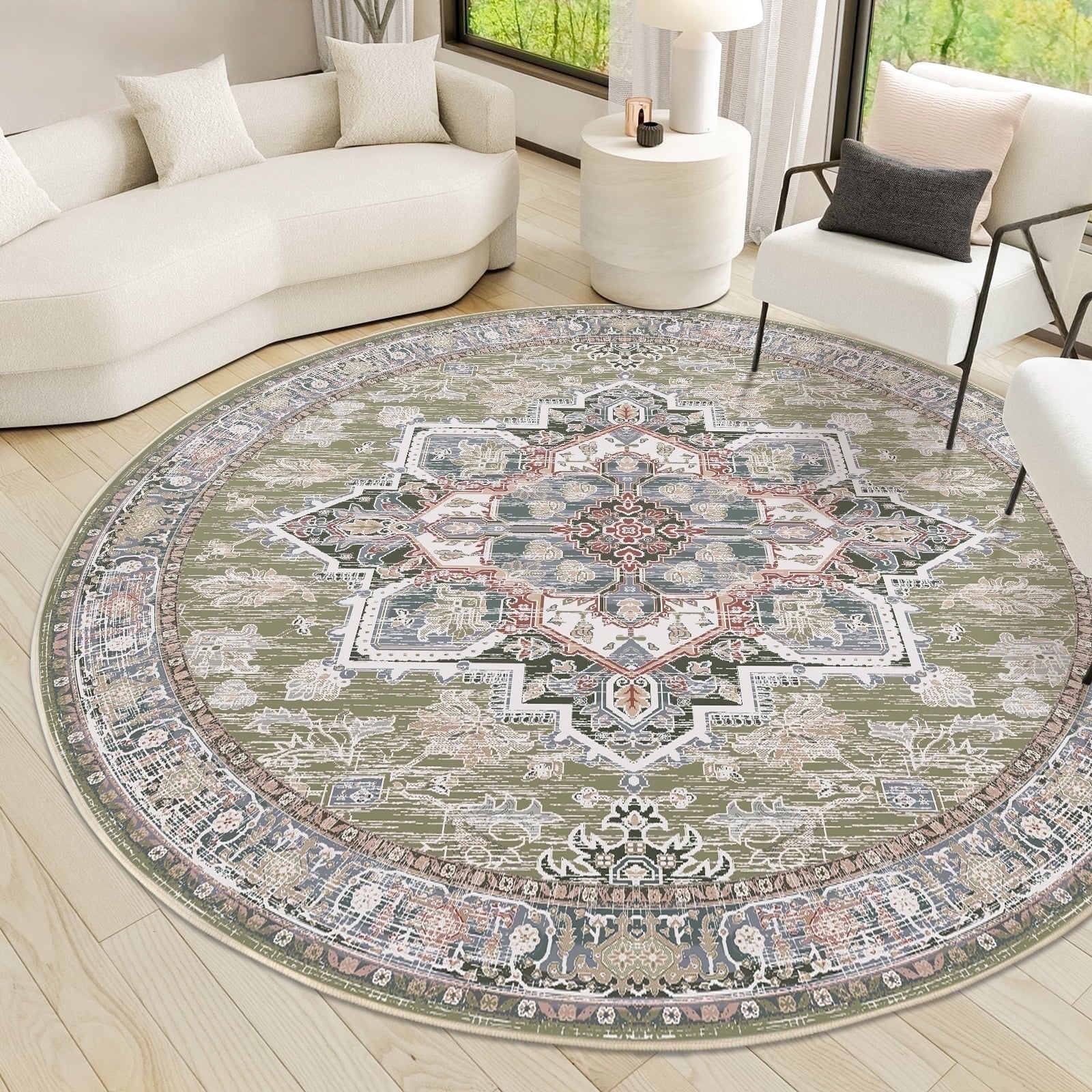 8'x10' Area Rugs, Machine Washable Non Slip Area Rug for Living Room, Soft Low Pile Vintage Print Pattern Indoor Bedroom Thin Carpet, Cream