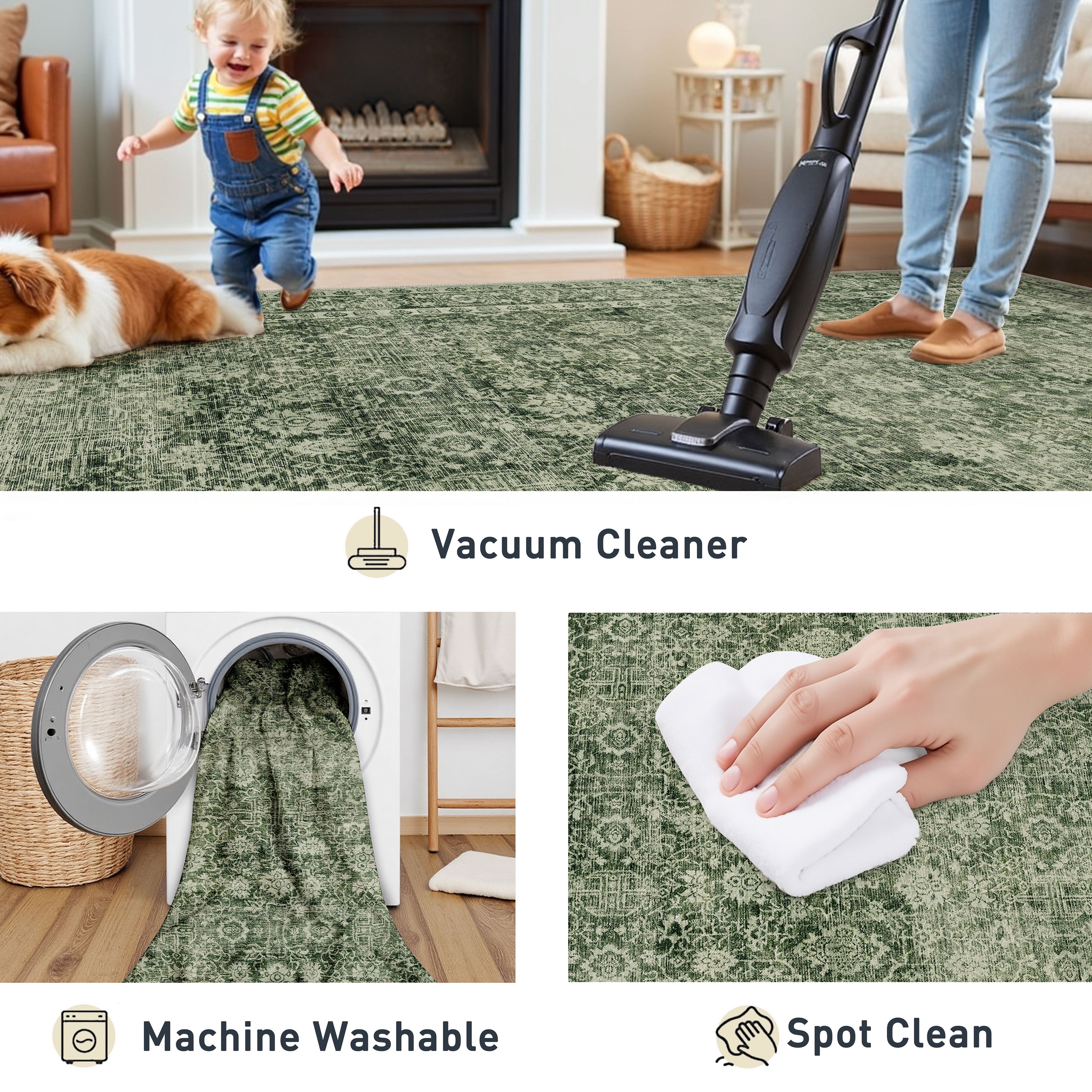 BERTHMEER 9'x12' Area Rugs for Living Room Rugs for Bedroom Green Vintage Non Slip Washable Large Farmhouse Office Dining Room Oriental Traditional Distressed Carpets