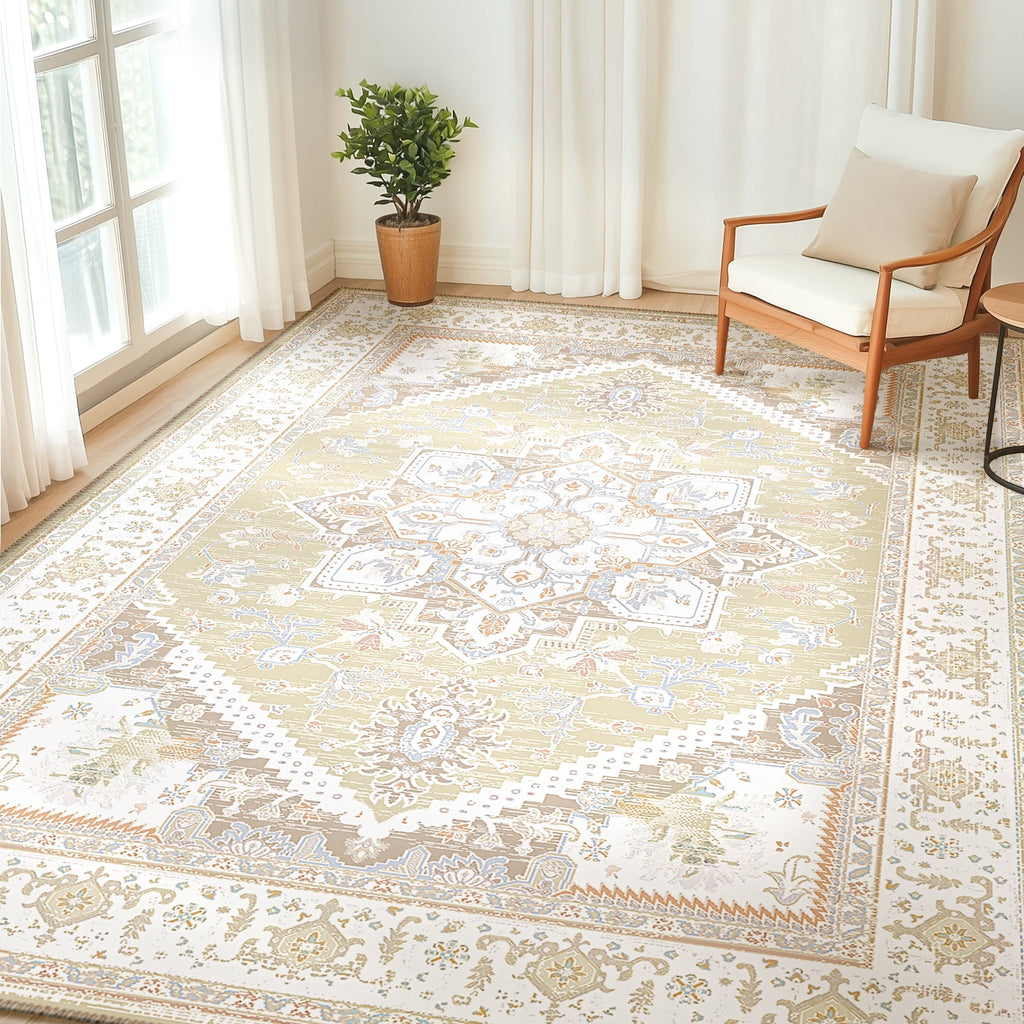 8'x10' Area Rugs, Machine Washable Non Slip Area Rug for Living Room, Soft Low Pile Vintage Print Pattern Indoor Bedroom Thin Carpet, Cream