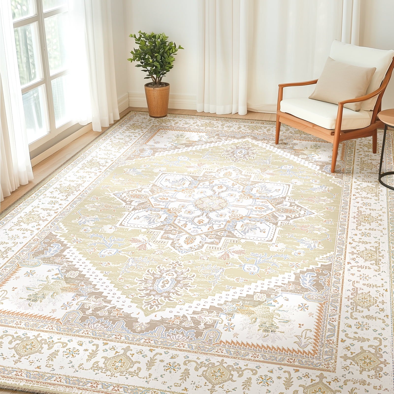 8'x10' Area Rugs, Machine Washable Non Slip Area Rug for Living Room, Soft Low Pile Vintage Print Pattern Indoor Bedroom Thin Carpet, Cream