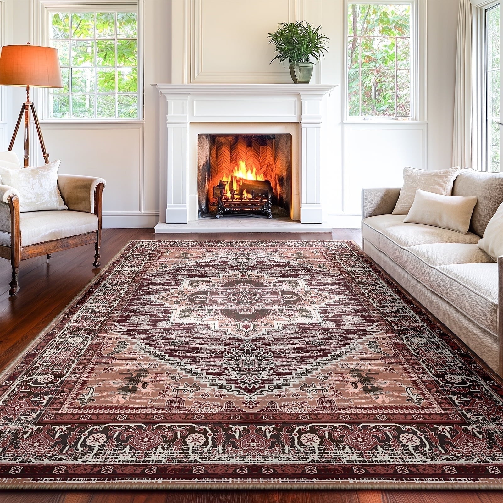 8'x10' Area Rugs, Machine Washable Non Slip Area Rug for Living Room, Soft Low Pile Vintage Print Pattern Indoor Bedroom Thin Carpet, Cream