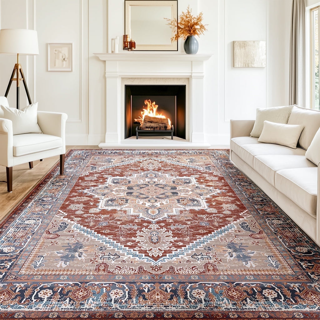 8'x10' Area Rugs, Machine Washable Non Slip Area Rug for Living Room, Soft Low Pile Vintage Print Pattern Indoor Bedroom Thin Carpet, Cream