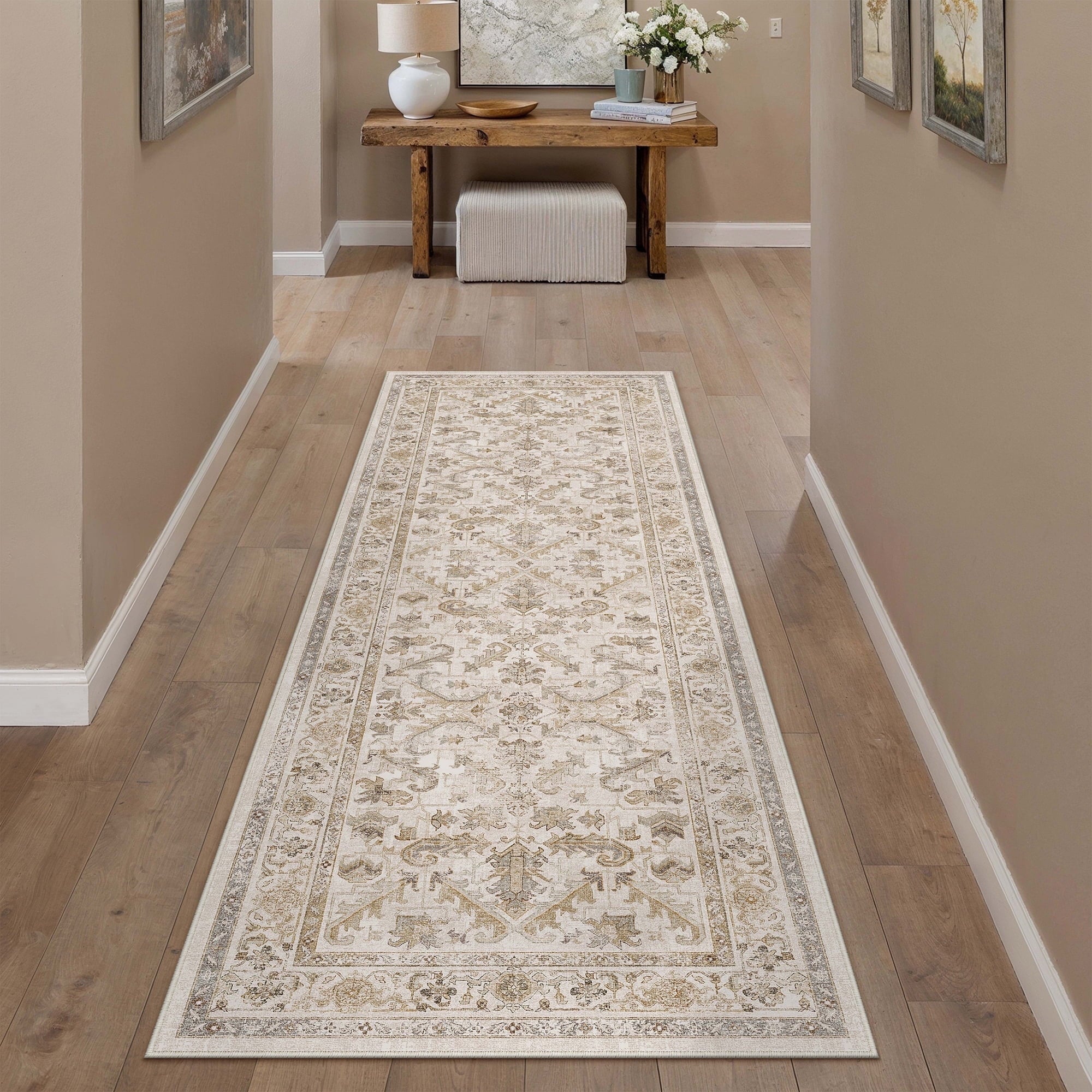 BERTHMEER 2'x6' Runner Rugs for Hallway Entryway Bathroom Bedroom Kitchen Non Slip Washable Beige Vintage Oriental Traditional Distressed Runner Rugs