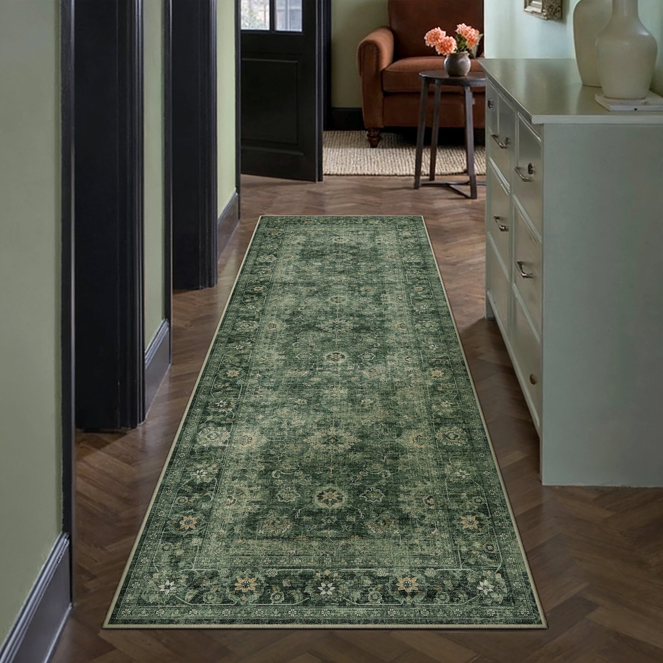 BERTHMEER 9'x12' Area Rugs for Living Room Rugs for Bedroom Green Vintage Non Slip Washable Large Farmhouse Office Dining Room Oriental Traditional Distressed Carpets