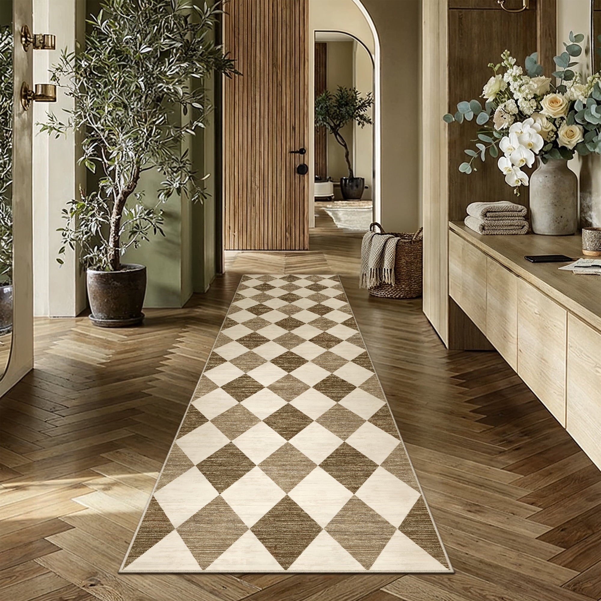 BERTHMEER 9'x12' Area Rugs for Living Room Bedroom Rhombus Checkered Large Rugs Office Dining Room Farmhouse Non Slip Washable Geometric Modern Contemporary Rugs Carpets,Beige