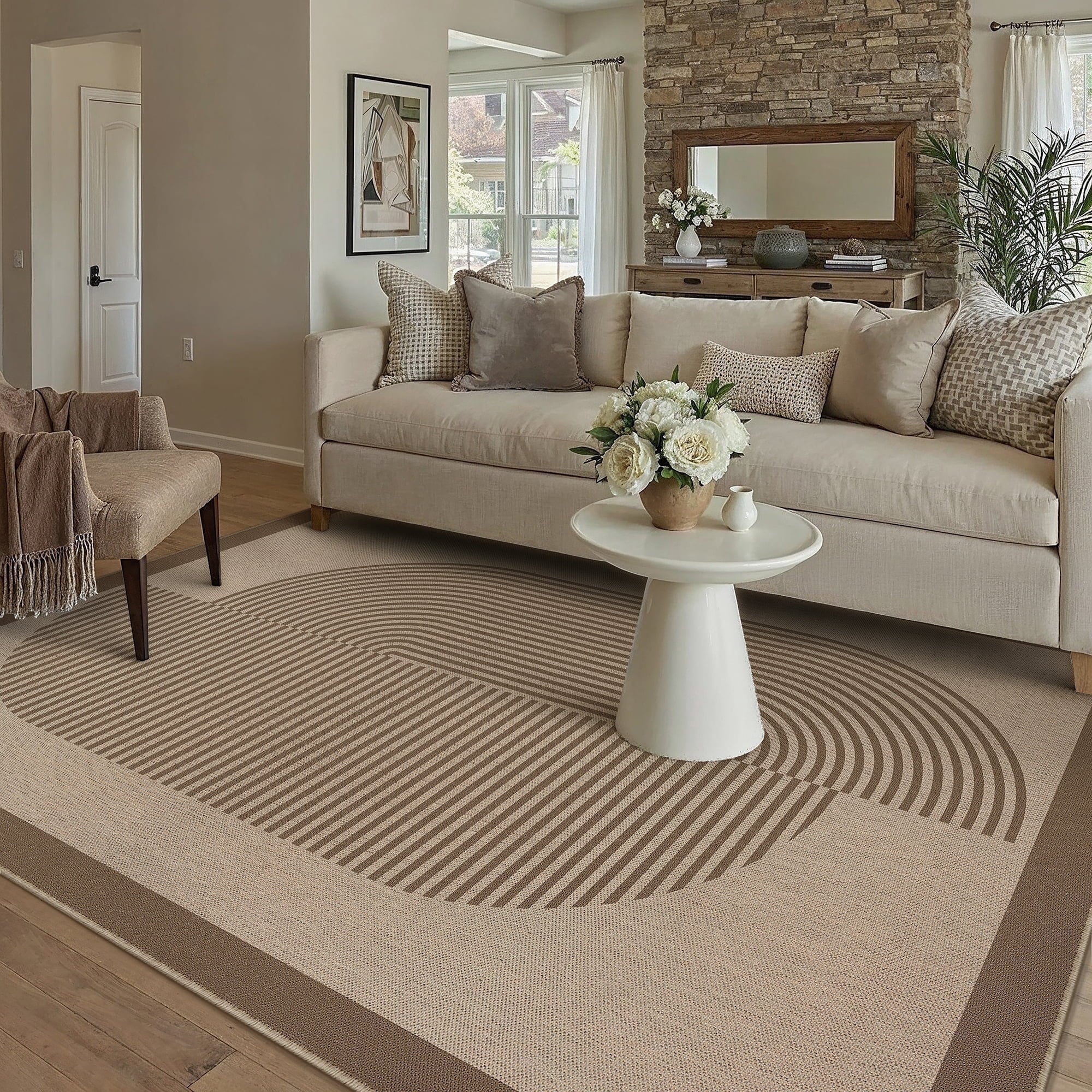 BERTHMEER 5'x7' Easy Jute Area Rugs, Washable Rugs for Living Room Farmhouse Neutral Carpet Non Slip Contemporary Geometric Stripes Black Rugs for Office Bedroom Dining Room