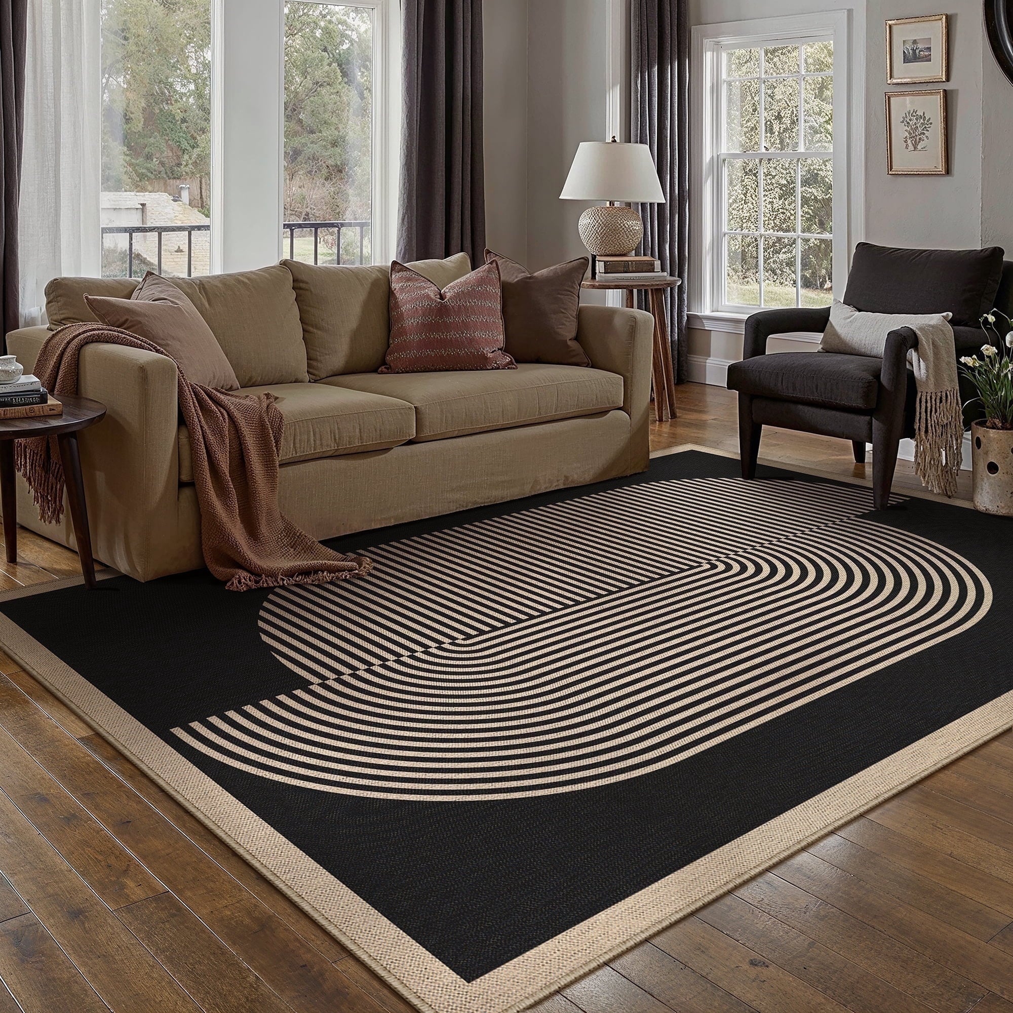 BERTHMEER 5'x7' Easy Jute Area Rugs, Washable Rugs for Living Room Farmhouse Neutral Carpet Non Slip Contemporary Geometric Stripes Black Rugs for Office Bedroom Dining Room