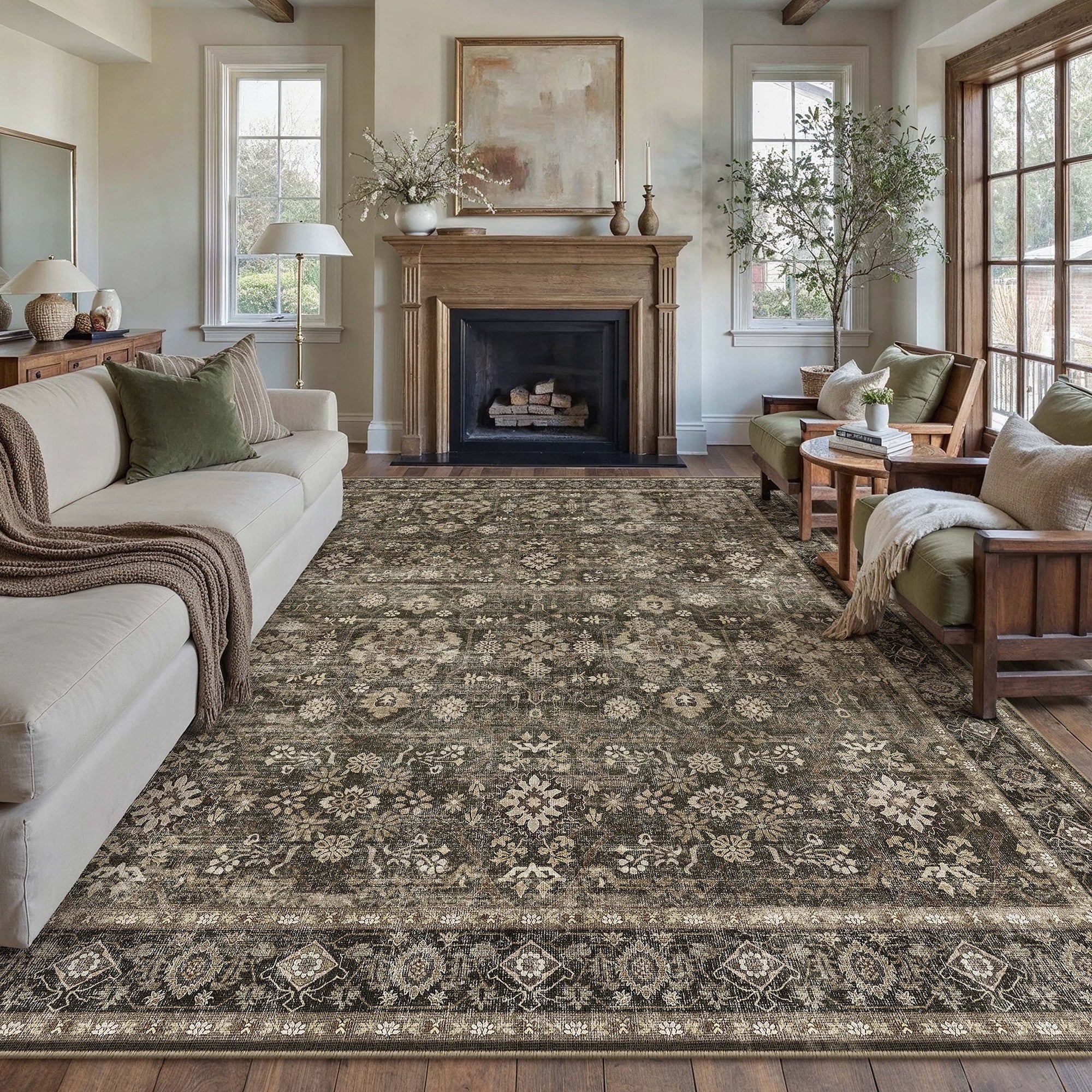 BERTHMEER 9'x12' Large Area Rugs for Living Room Bedroom Office Indoor Vintage Traditional Distressed Rugs Washable Non-slip,Brown Carpets