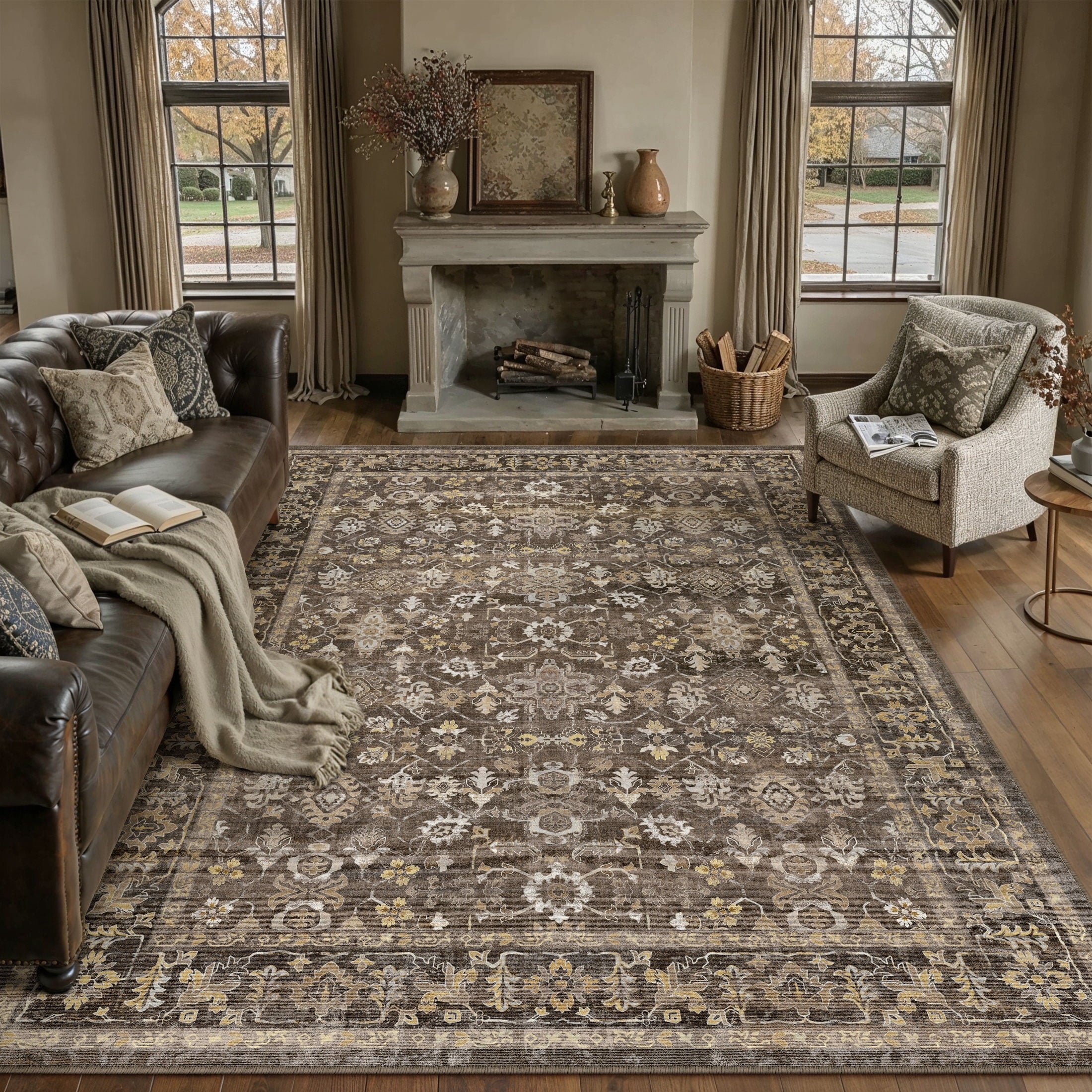 BERTHMEER 9'x12' Large Area Rugs for Living Room Bedroom Office Indoor Vintage Traditional Distressed Rugs Washable Non-slip,Brown Carpets