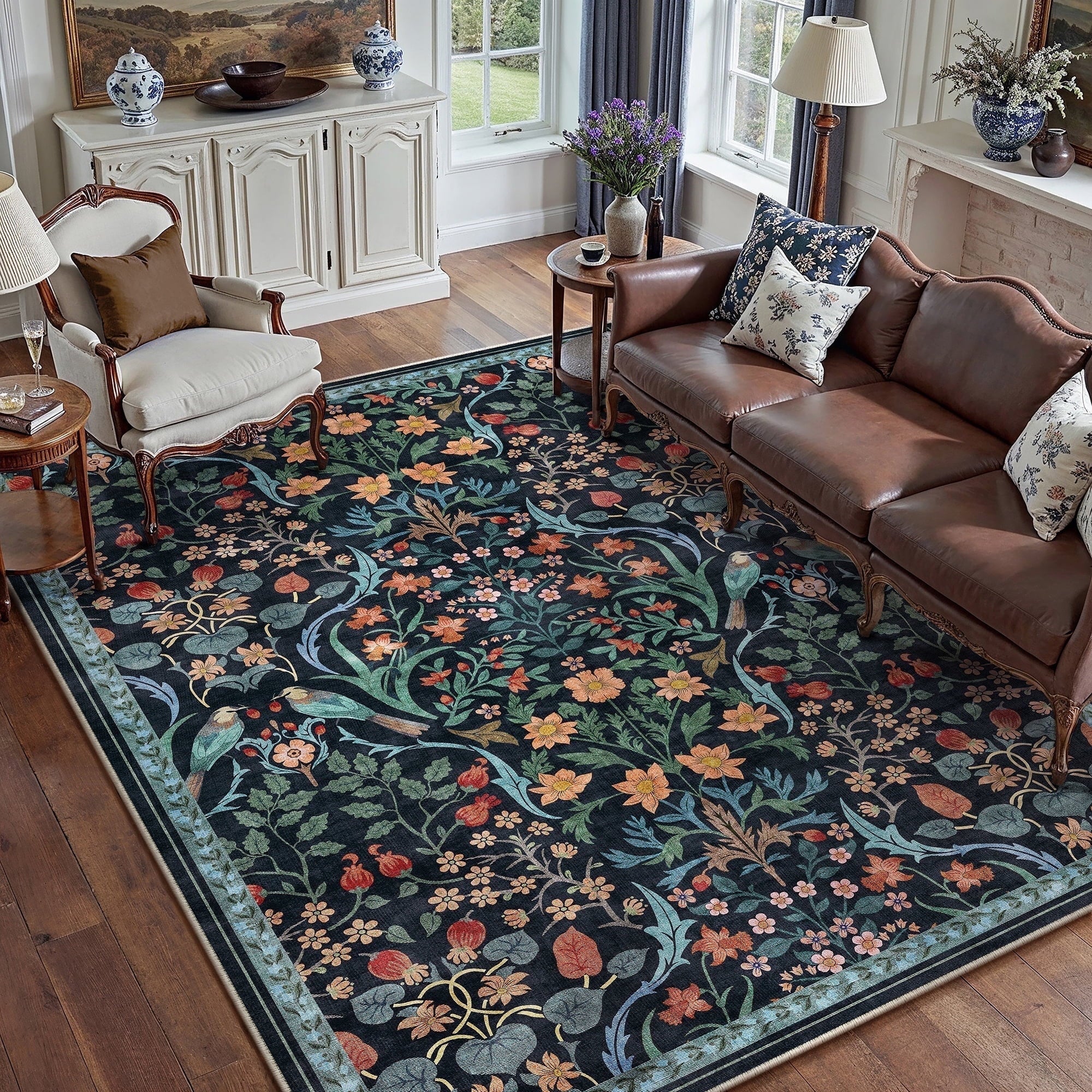 BERTHMEER Large 8'x10' Area Rugs for Living Room Rugs for Bedroom Kitchen Office Rugs Vintage Green Floral Carpets Machine Washable Farmhouse Dining Room Oriental Flower Non Slip Rugs, Multicolor