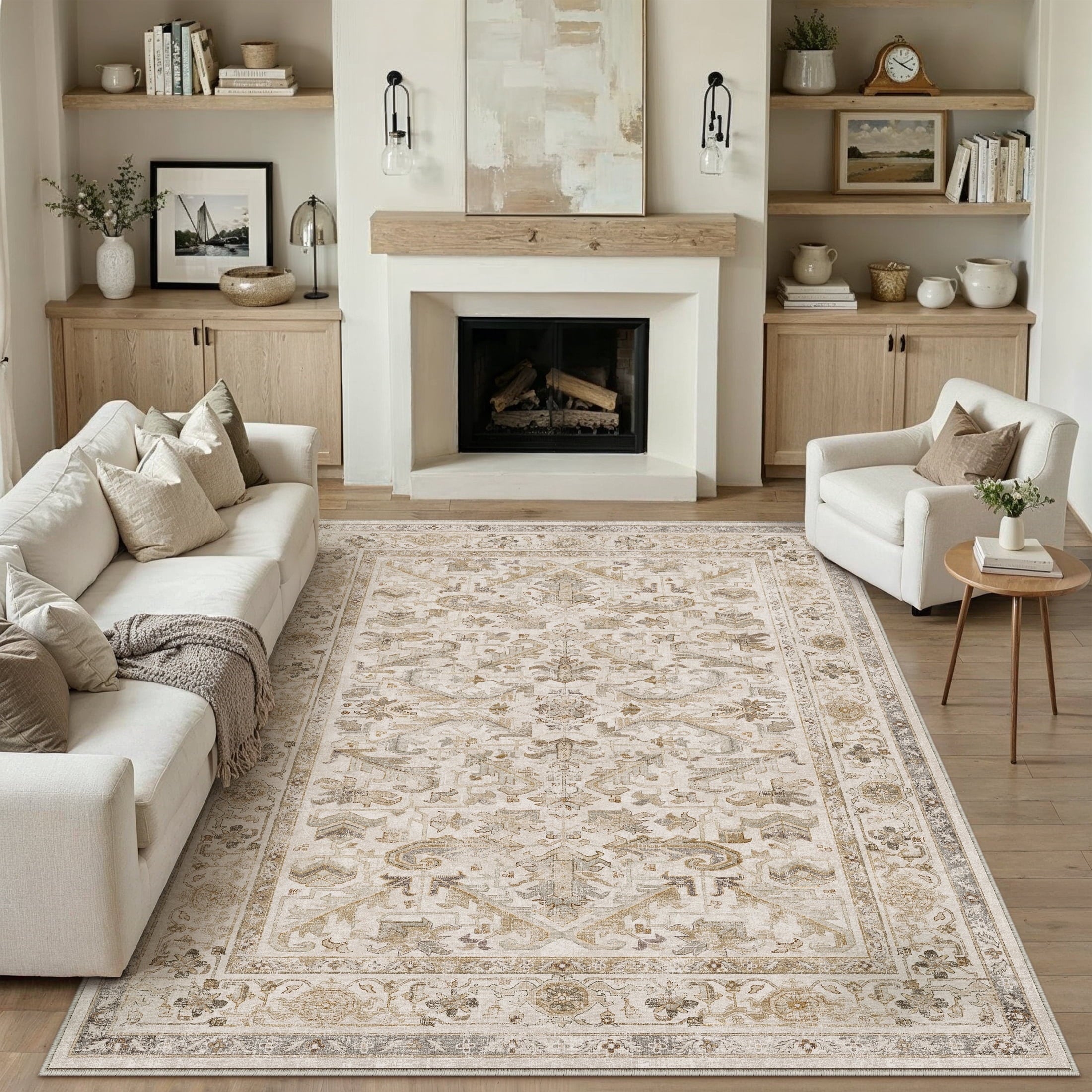 BERTHMEER 9'x12' Large Area Rugs for Living Room Bedroom Office Indoor Vintage Traditional Distressed Rugs Washable Non-slip,Brown Carpets
