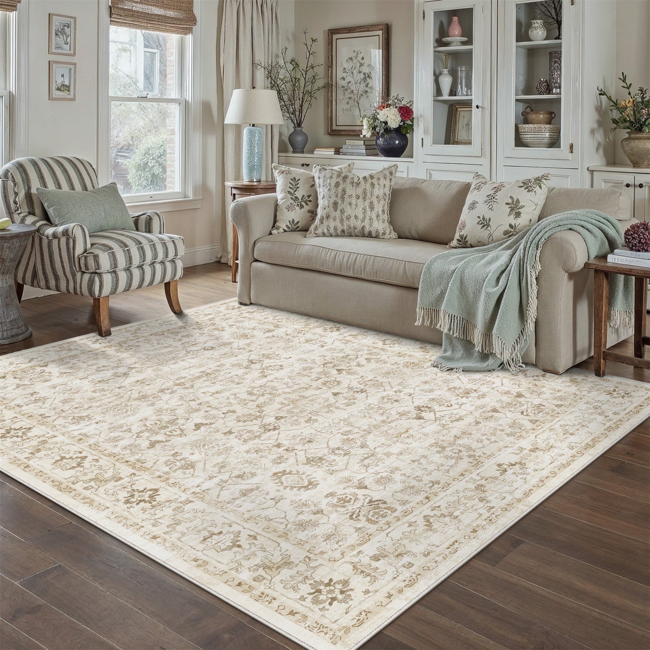 BERTHMEER 9'x12' Large Area Rugs for Living Room Bedroom Office Indoor Vintage Traditional Distressed Rugs Washable Non-slip,Brown Carpets
