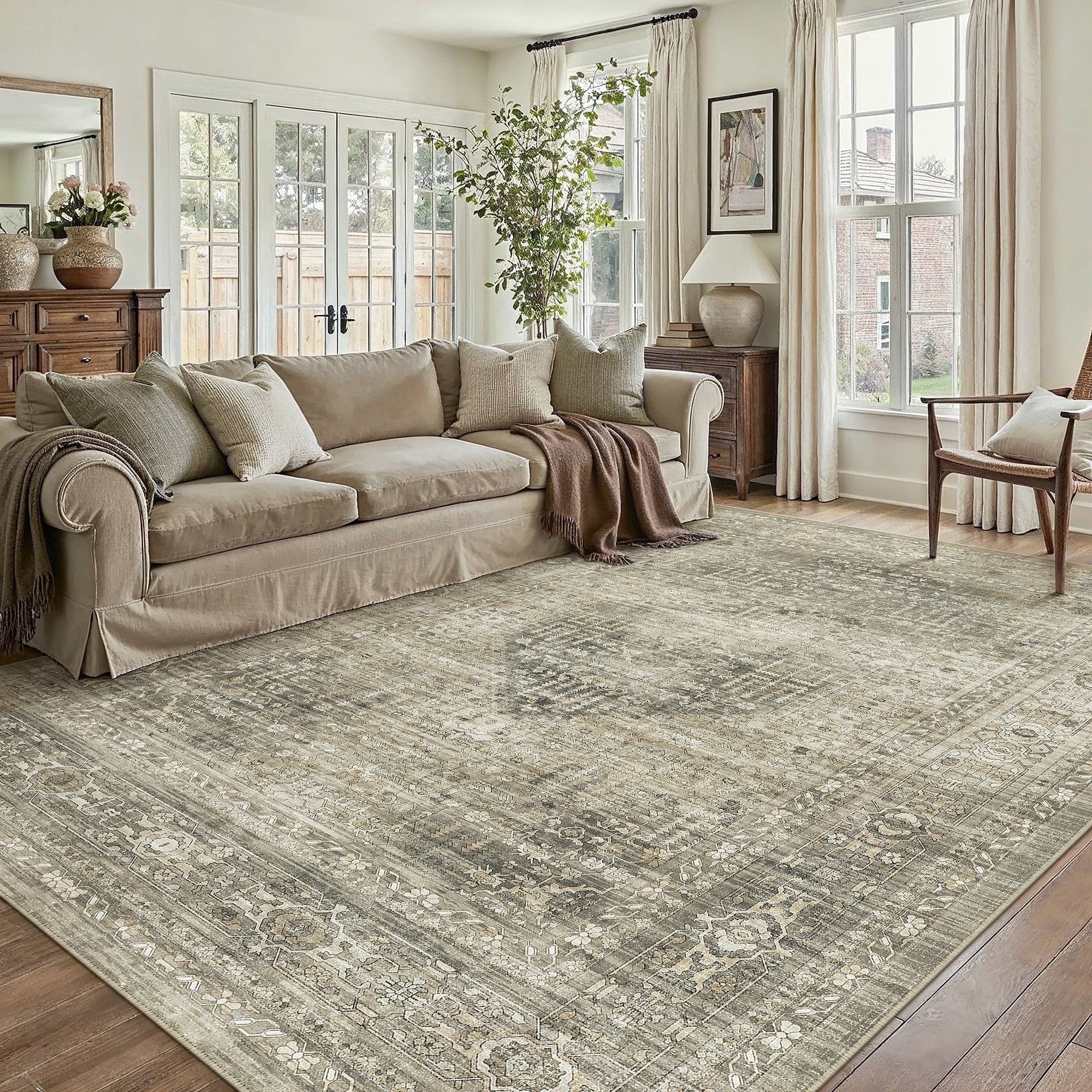 BERTHMEER 9'x12' Large Area Rugs for Living Room Bedroom Office Indoor Vintage Traditional Distressed Rugs Washable Non-slip,Brown Carpets