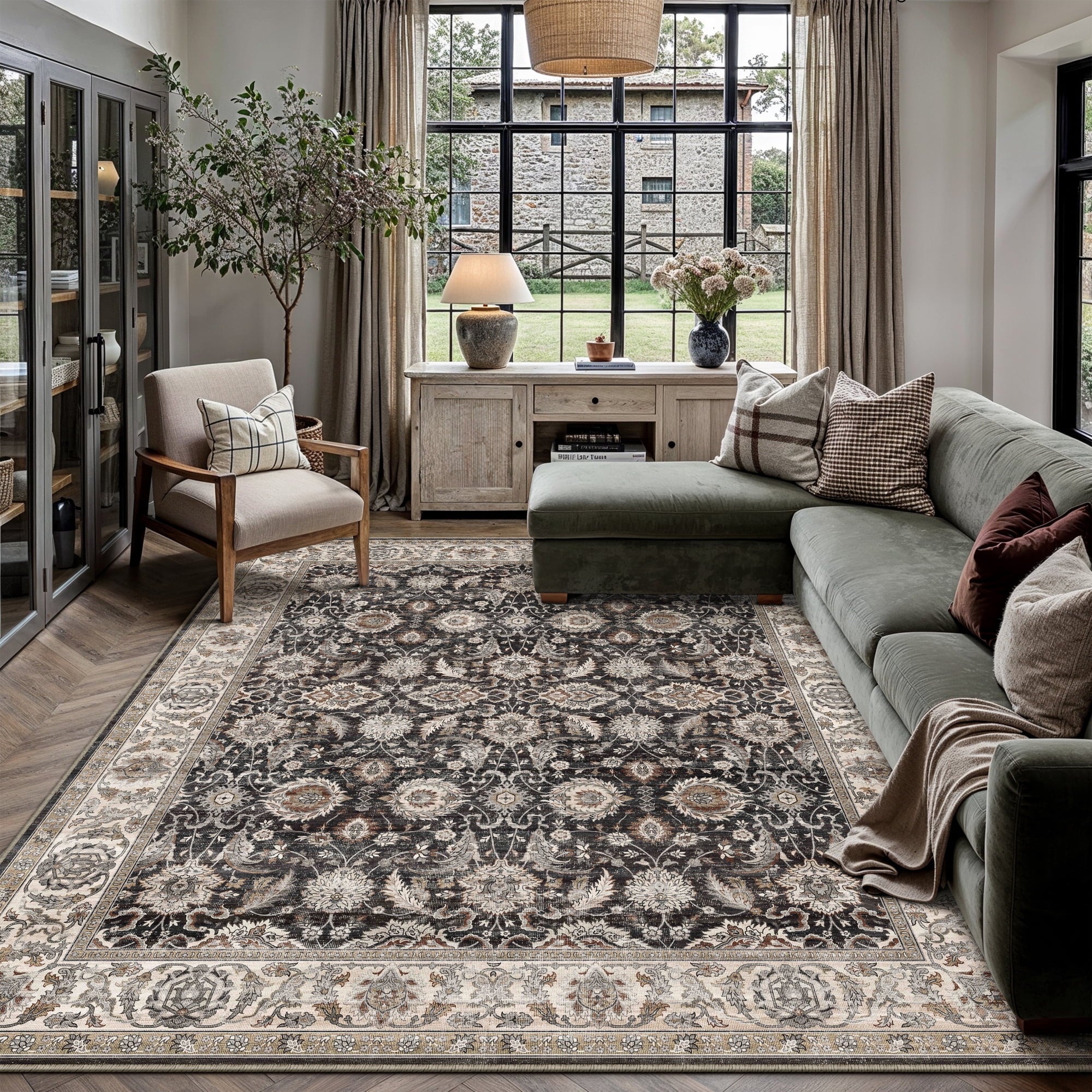 BERTHMEER 9'x12' Area Rugs for Living Room Rugs for Bedroom Green Vintage Non Slip Washable Large Farmhouse Office Dining Room Oriental Traditional Distressed Carpets