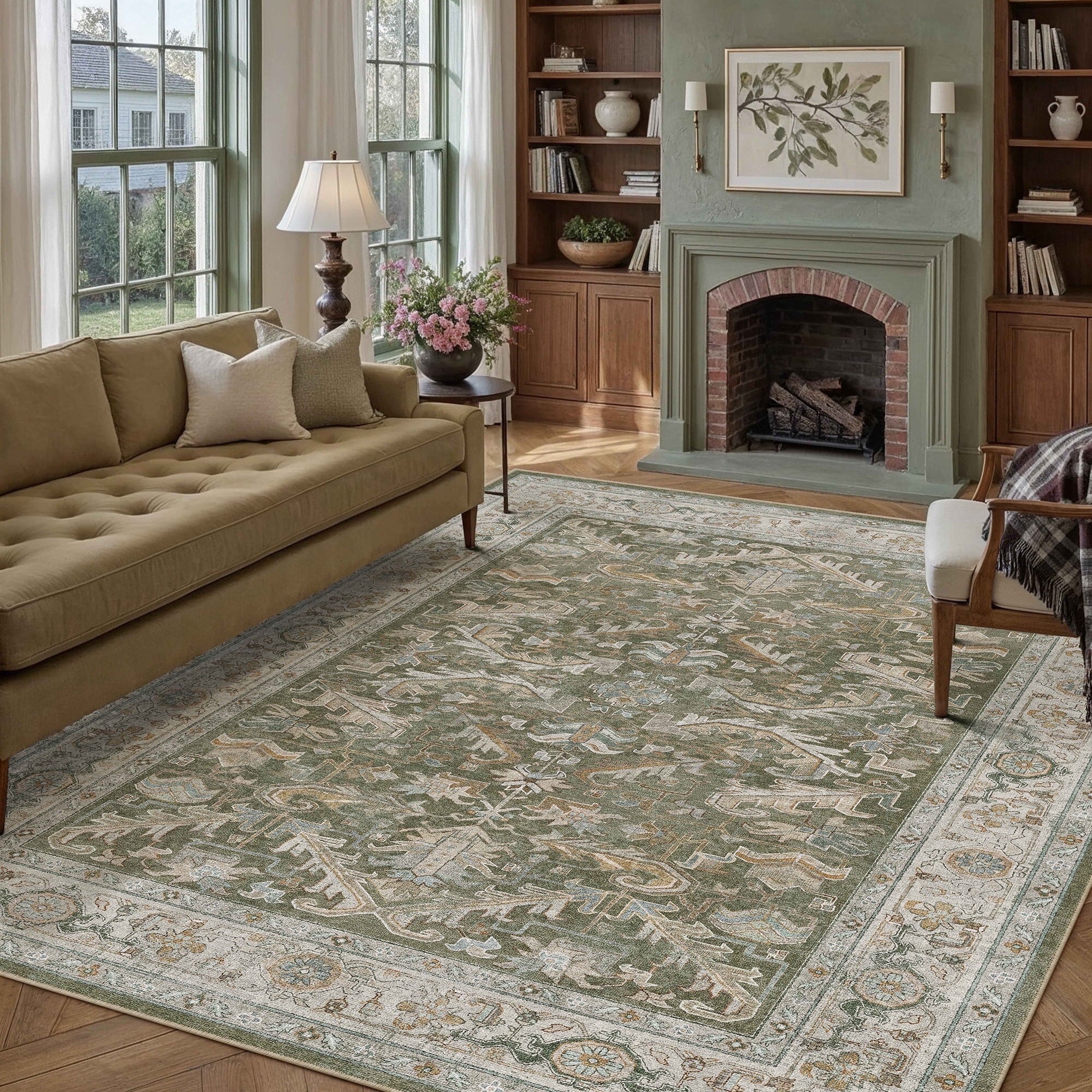 BERTHMEER 9'x12' Large Area Rugs for Living Room Bedroom Office Indoor Vintage Traditional Distressed Rugs Washable Non-slip,Brown Carpets