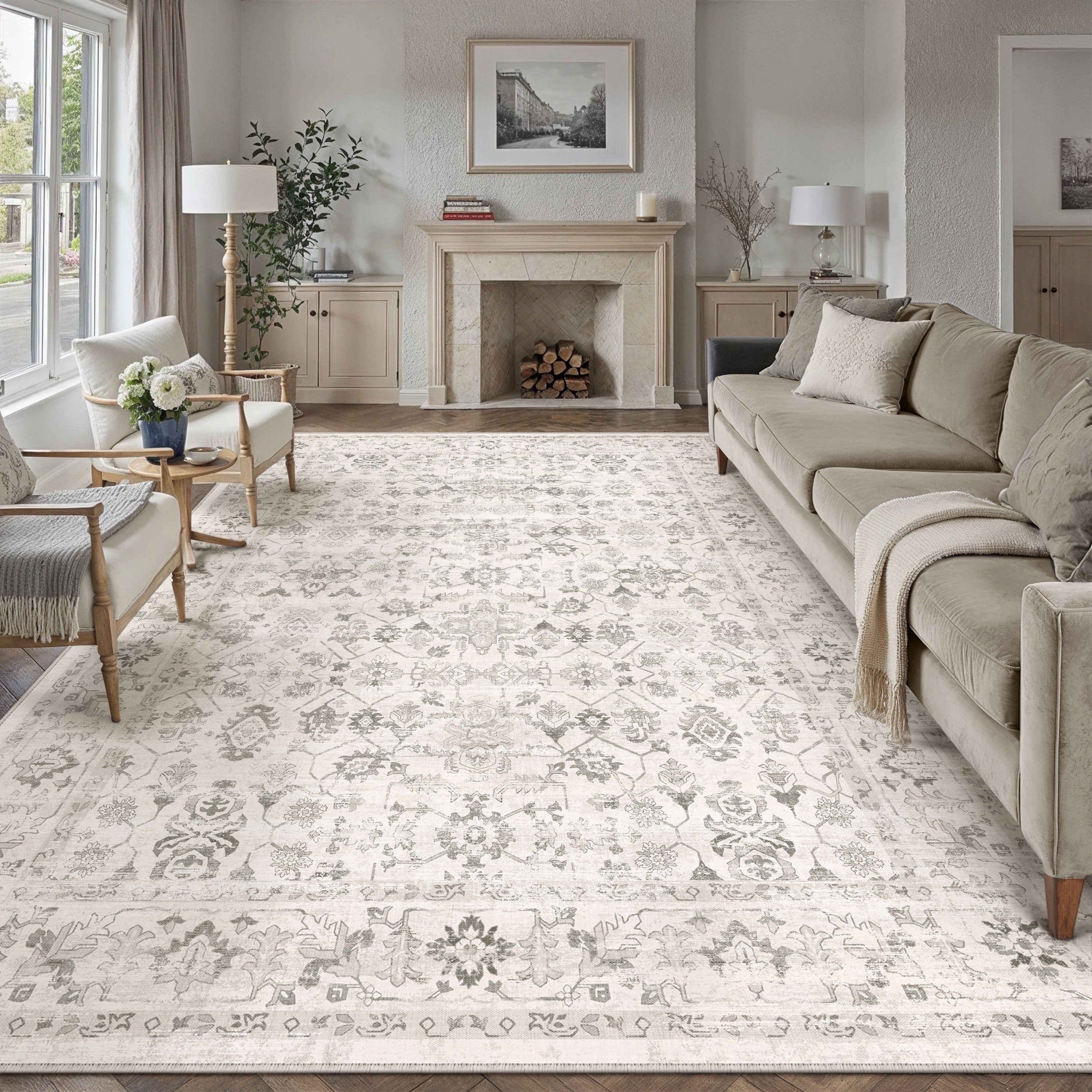 BERTHMEER 9'x12' Large Area Rugs for Living Room Bedroom Office Indoor Vintage Traditional Distressed Rugs Washable Non-slip,Brown Carpets