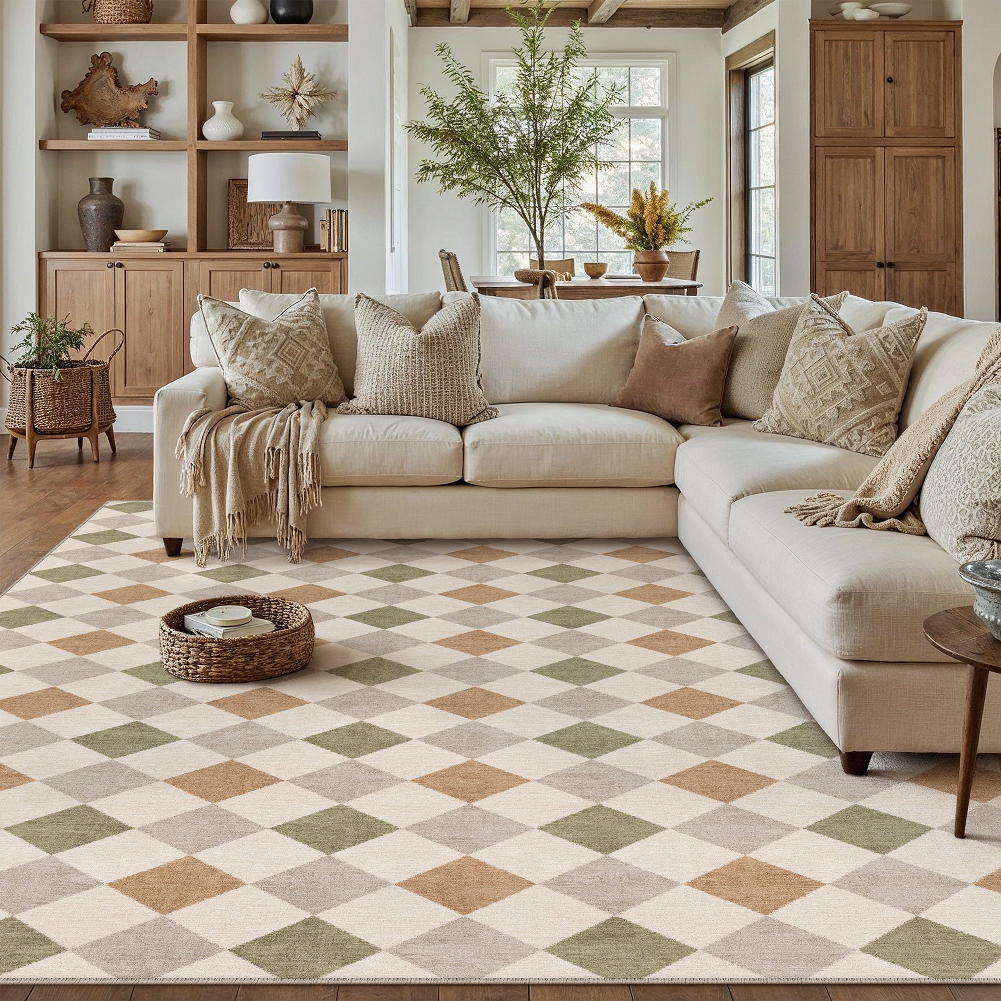 BERTHMEER 9'x12' Area Rugs for Living Room Bedroom Rhombus Checkered Large Rugs Office Dining Room Farmhouse Non Slip Washable Geometric Modern Contemporary Rugs Carpets,Beige