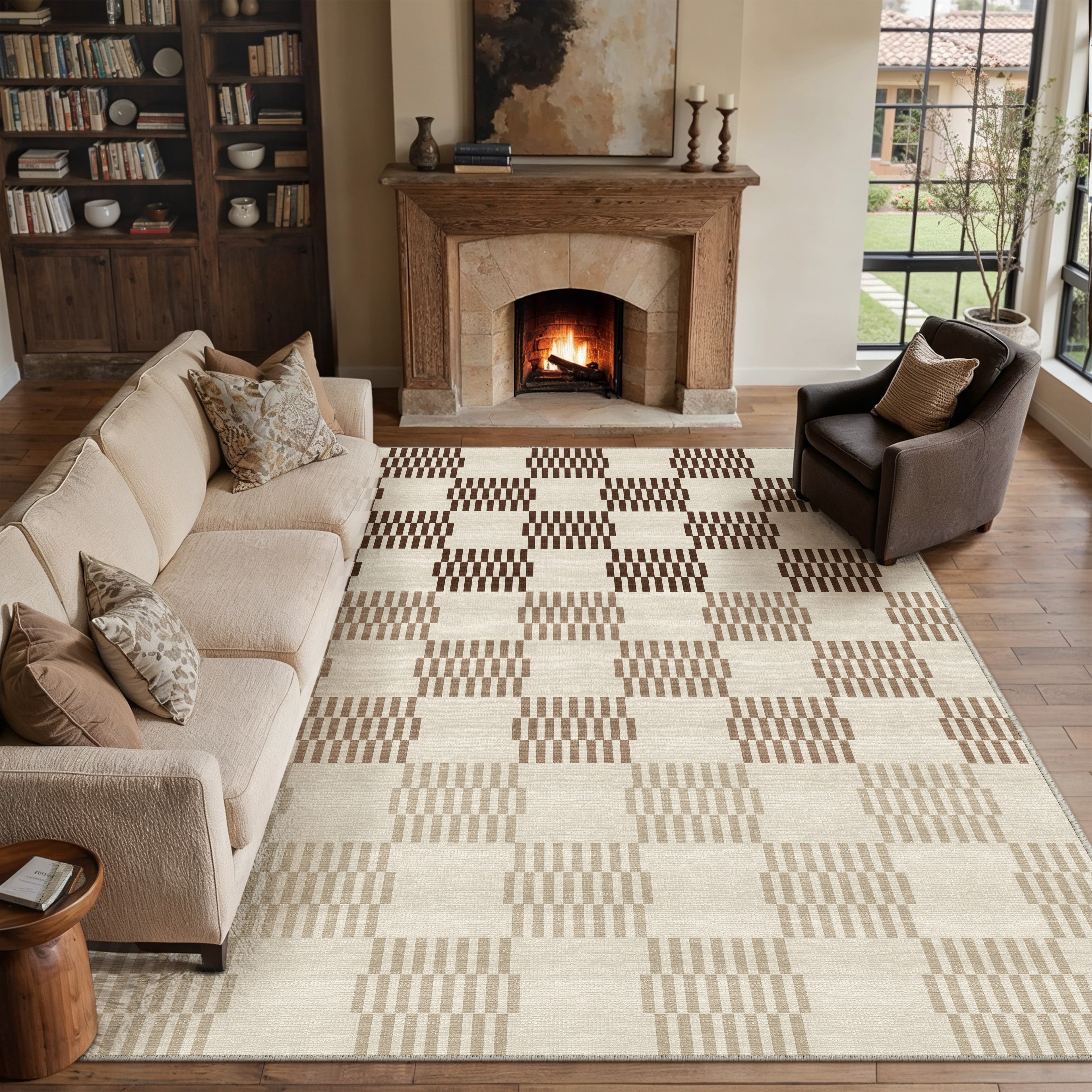BERTHMEER 9'x12' Area Rugs for Living Room Bedroom Rhombus Checkered Large Rugs Office Dining Room Farmhouse Non Slip Washable Geometric Modern Contemporary Rugs Carpets,Beige