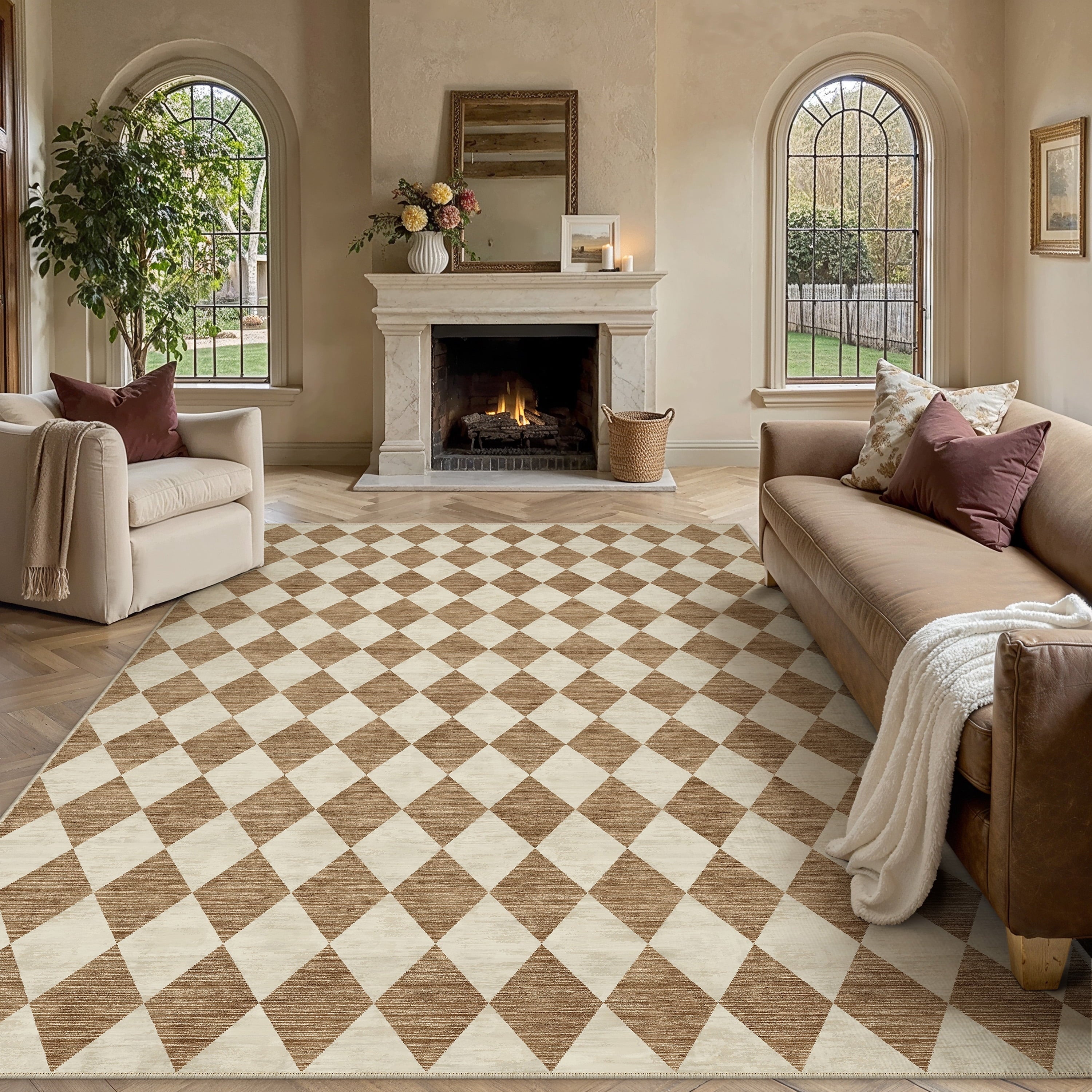 BERTHMEER 9'x12' Area Rugs for Living Room Bedroom Rhombus Checkered Large Rugs Office Dining Room Farmhouse Non Slip Washable Geometric Modern Contemporary Rugs Carpets,Beige