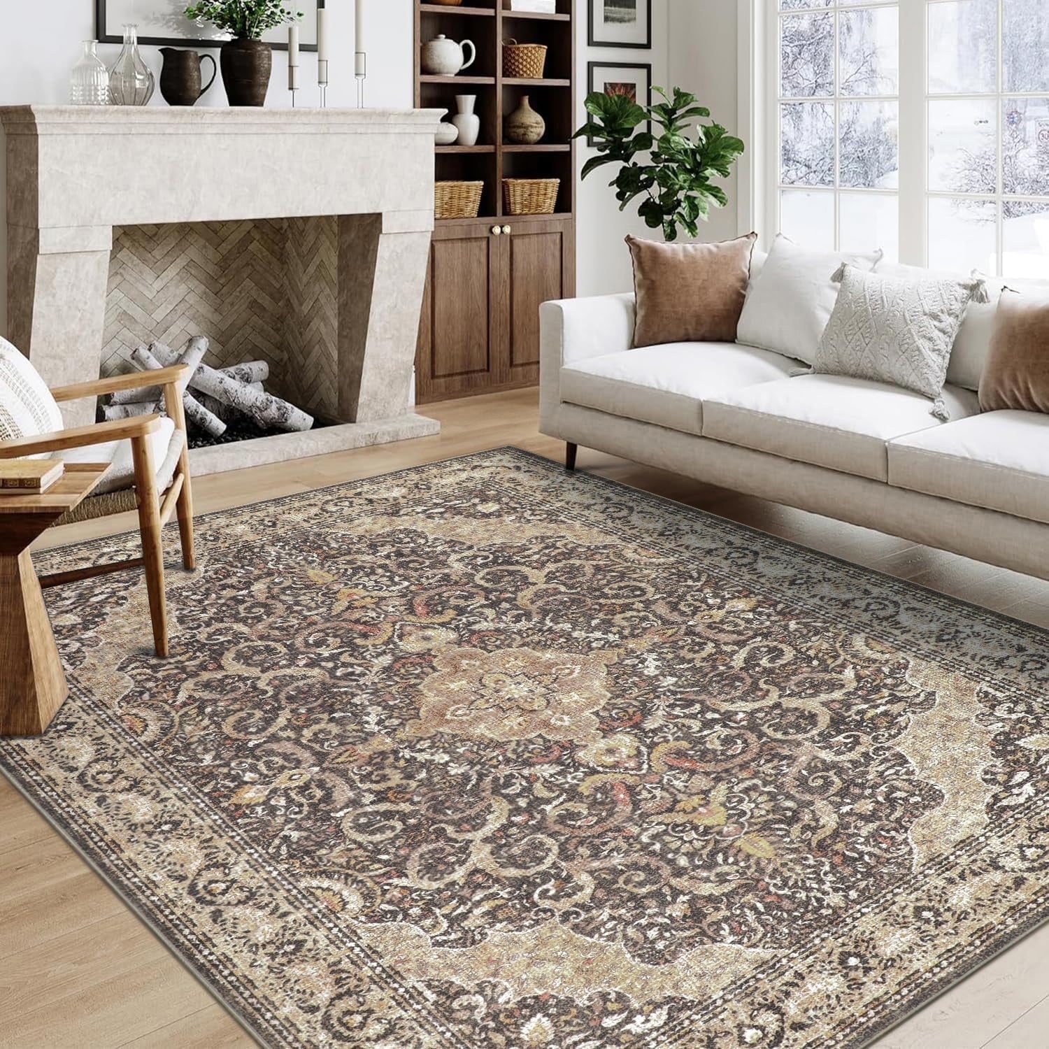 BERTHMEER 9'x12' Large Area Rugs for Living Room Bedroom Office Indoor Vintage Traditional Distressed Rugs Washable Non-slip,Brown Carpets
