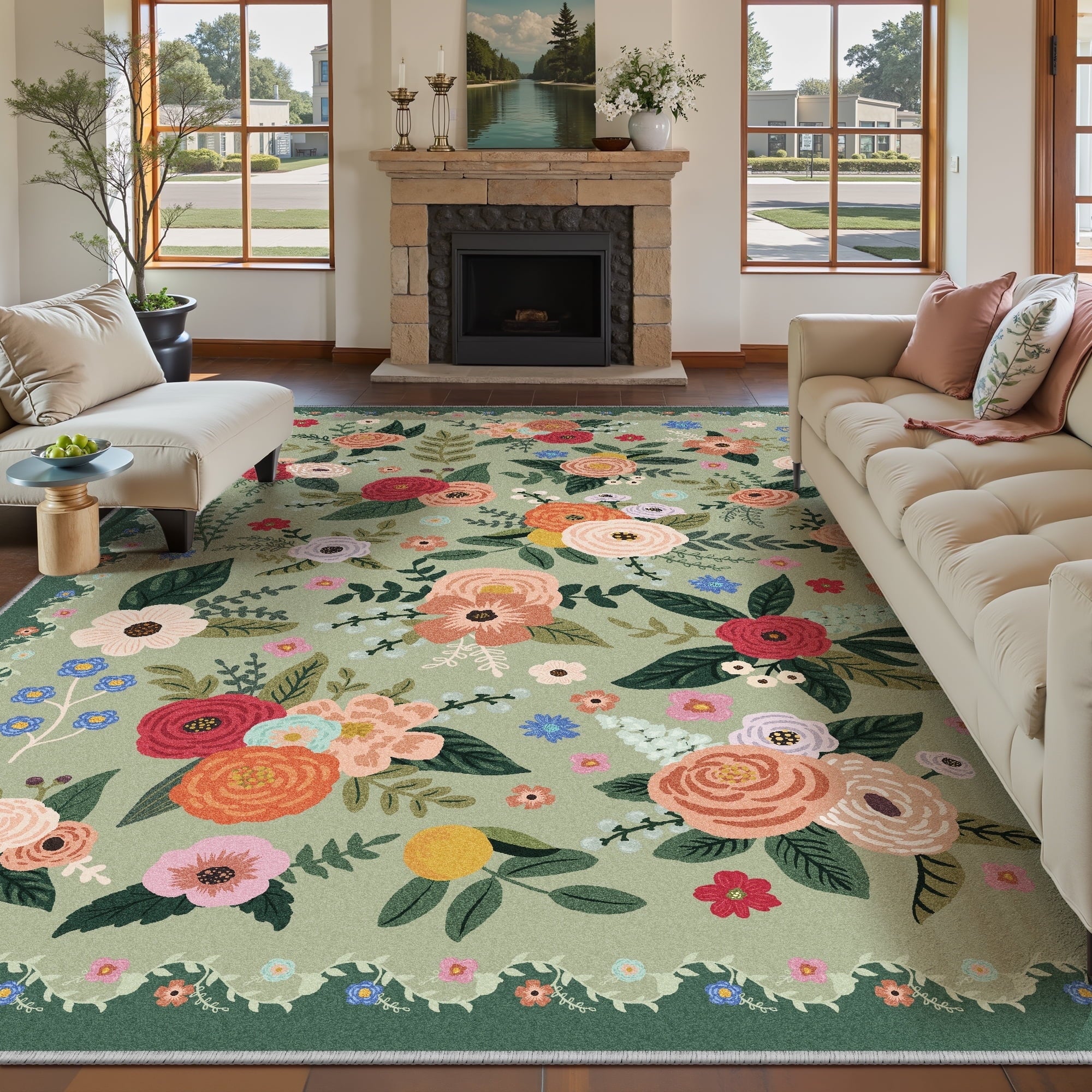 BERTHMEER Large 8'x10' Area Rugs for Living Room Rugs for Bedroom Kitchen Office Rugs Vintage Green Floral Carpets Machine Washable Farmhouse Dining Room Oriental Flower Non Slip Rugs, Multicolor