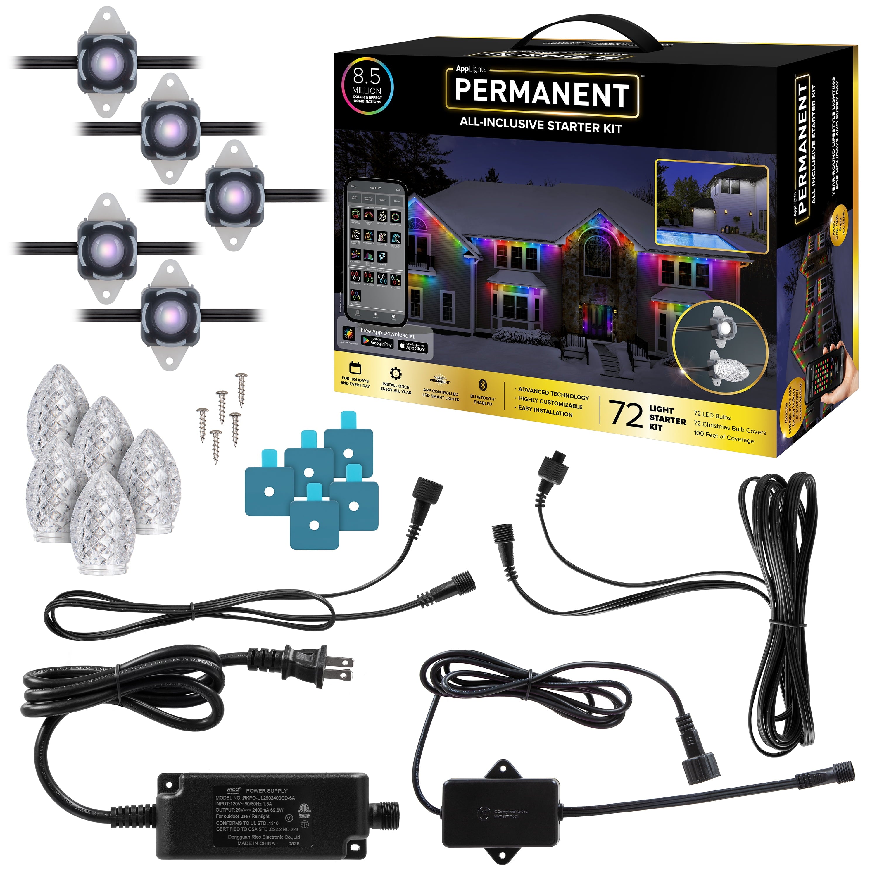 AppLights PERMANENT™ Starter Kit Christmas Light String with 72 LEDs, 100 feet, Permanent Outdoor House Lights LED Roofline Lights, App-Ready Smart Trim Lighting , Black