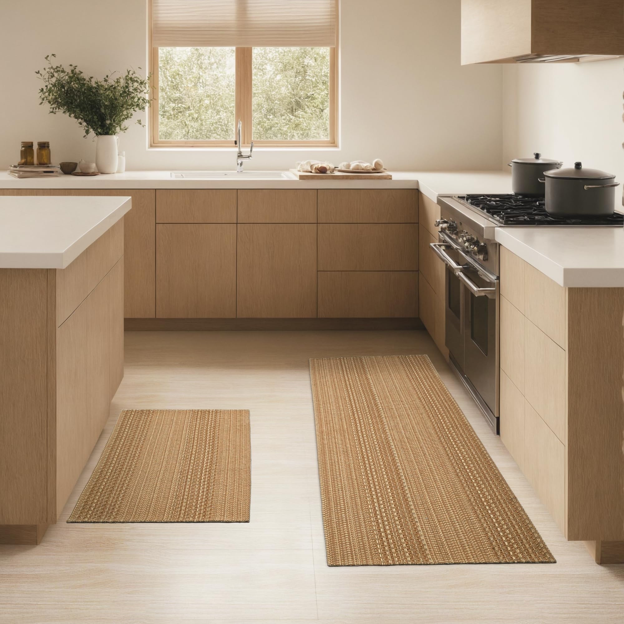 2'x6' Boho Runner Rug Kitchen Mat Non-Slip - Machine Washable Hallway & Entryway Carpet, Hand-Woven Cotton Farmhouse Design for Kitchen, High Traffic Areas, Light Taupe Brown