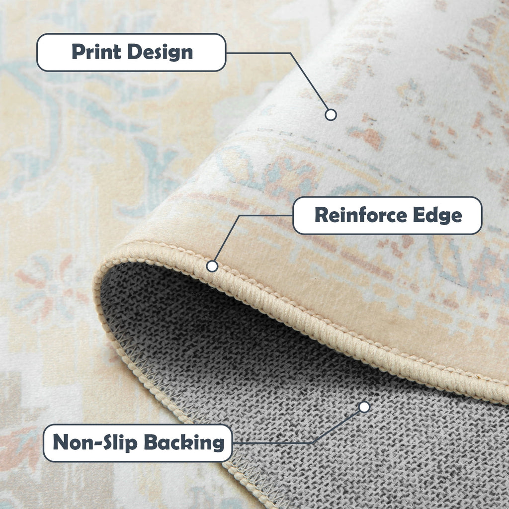 8'x10' Area Rugs, Machine Washable Non Slip Area Rug for Living Room, Soft Low Pile Vintage Print Pattern Indoor Bedroom Thin Carpet, Cream