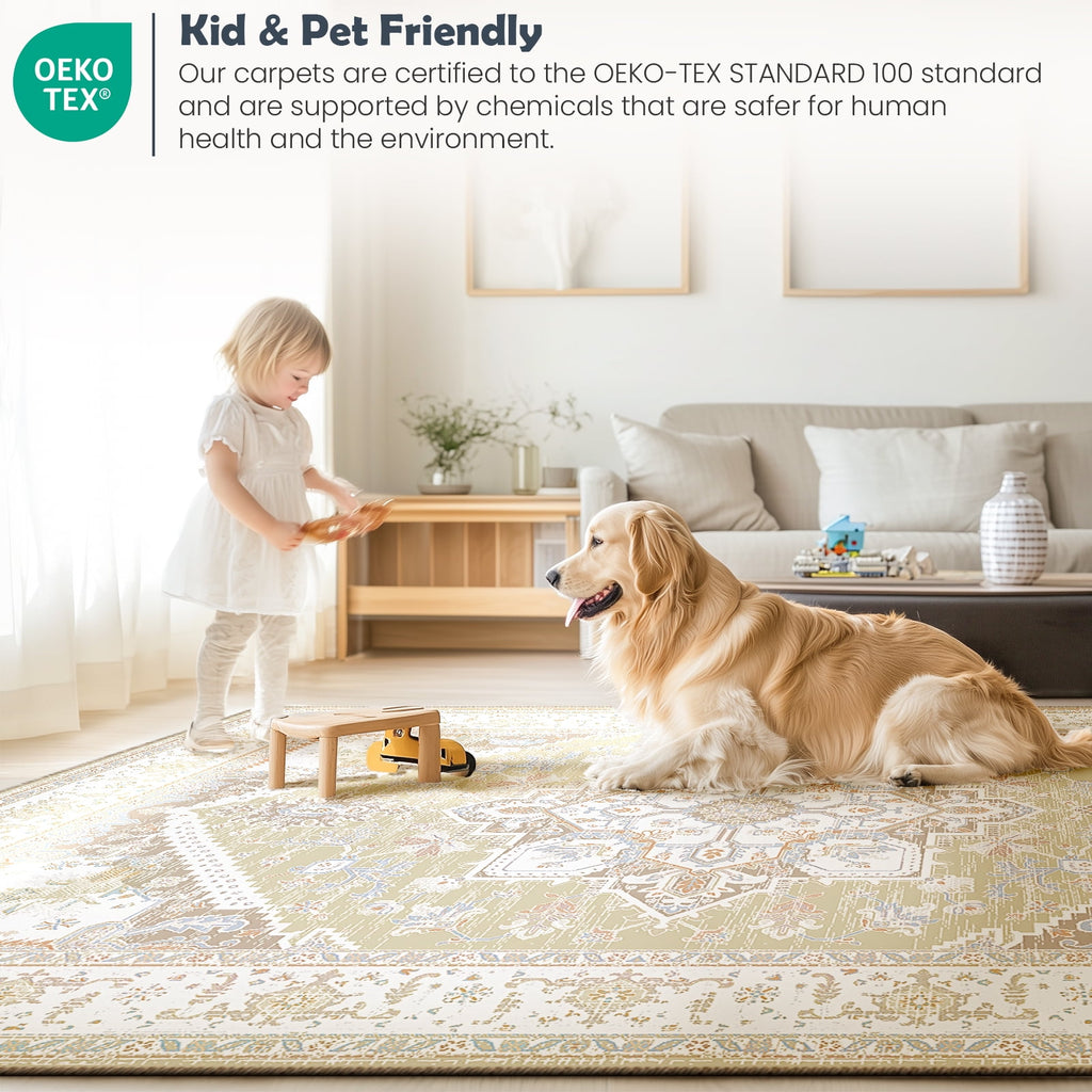 8'x10' Area Rugs, Machine Washable Non Slip Area Rug for Living Room, Soft Low Pile Vintage Print Pattern Indoor Bedroom Thin Carpet, Cream