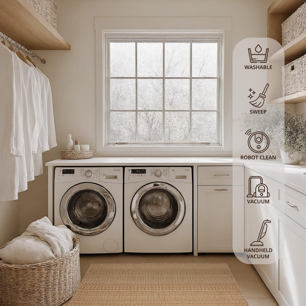 2'x6' Boho Runner Rug Kitchen Mat Non-Slip - Machine Washable Hallway & Entryway Carpet, Hand-Woven Cotton Farmhouse Design for Kitchen, High Traffic Areas, Light Taupe Brown