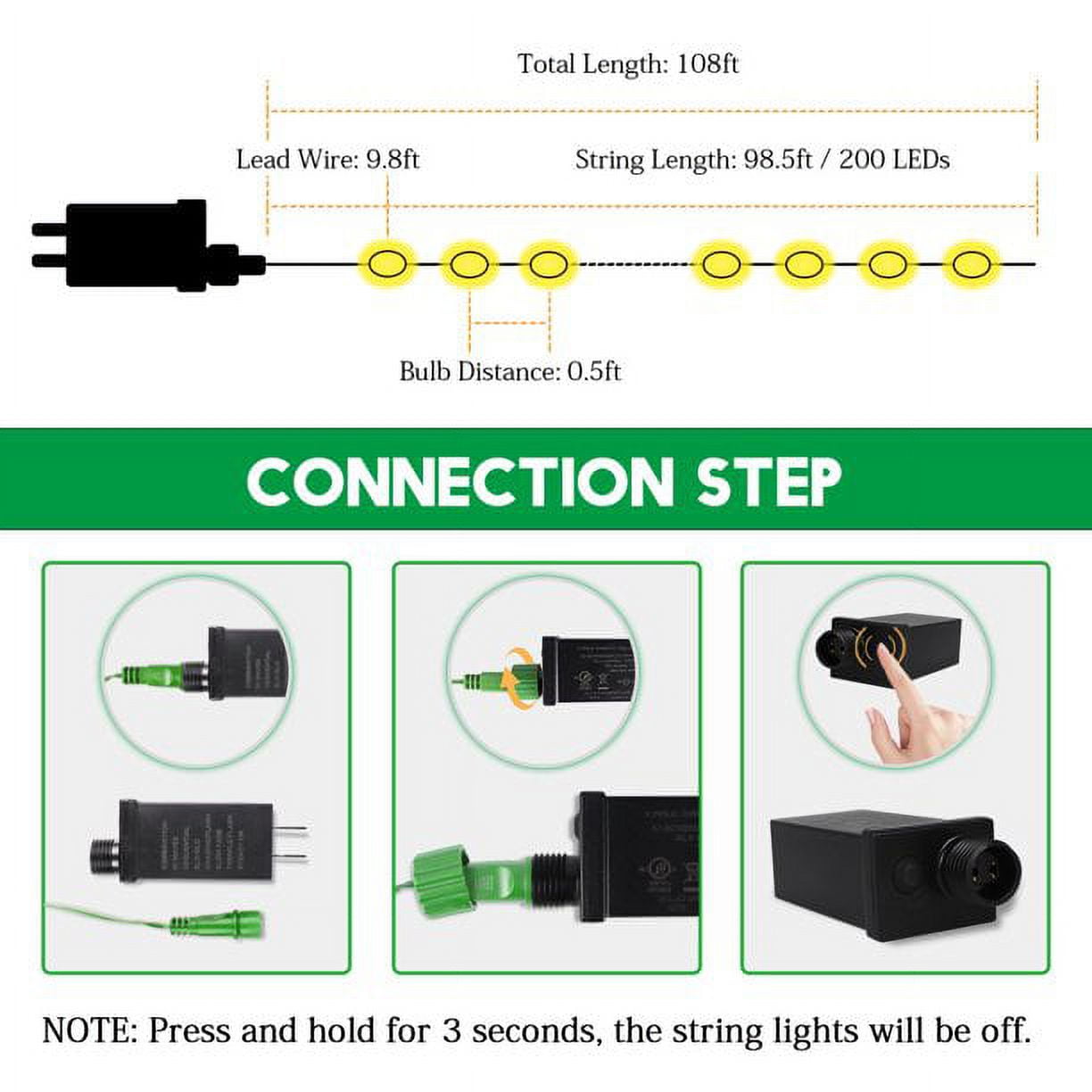 Christmas Decor Light Outdoor Indoor 108FT 200LED, JUHEFA Waterproof Twinkle Plug-in String Lights with 8 Modes, Universal Accessory for Christmas Tree, Holiday, Wedding, Garden Party (Color)