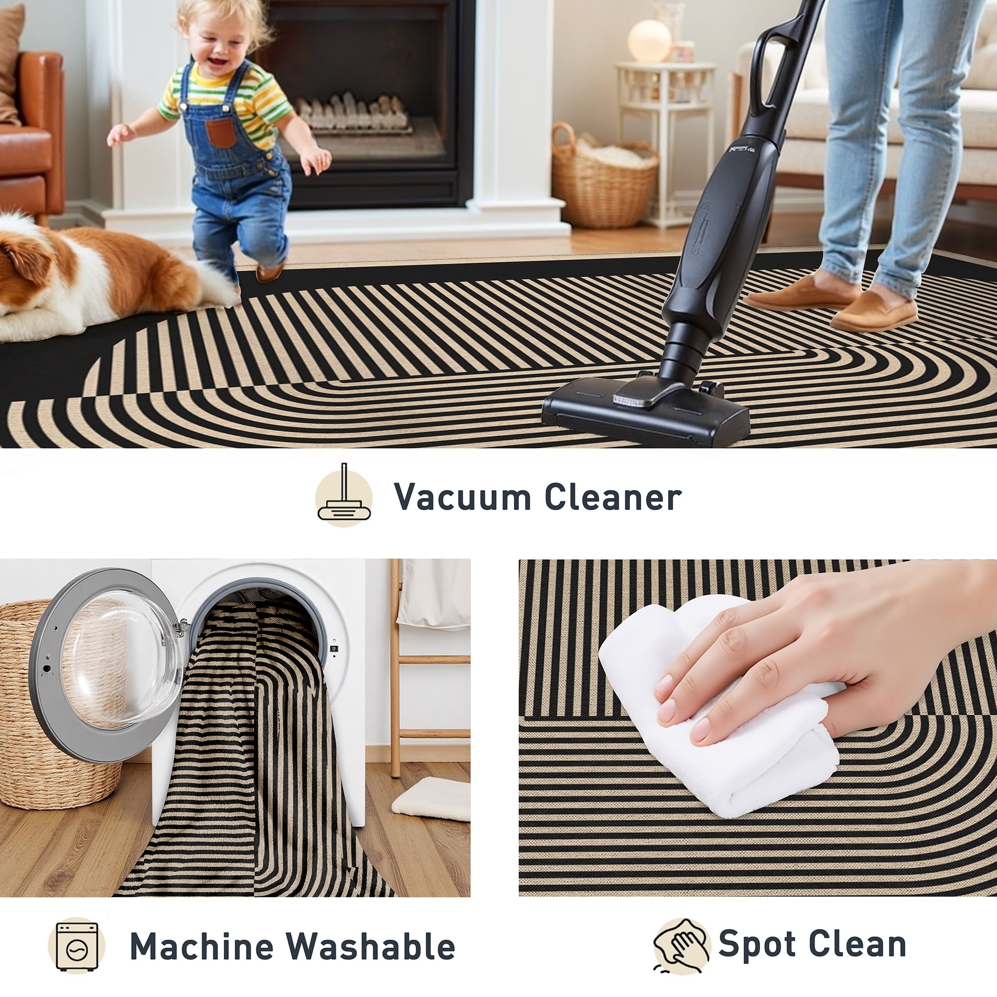 BERTHMEER 5'x7' Easy Jute Area Rugs, Washable Rugs for Living Room Farmhouse Neutral Carpet Non Slip Contemporary Geometric Stripes Black Rugs for Office Bedroom Dining Room