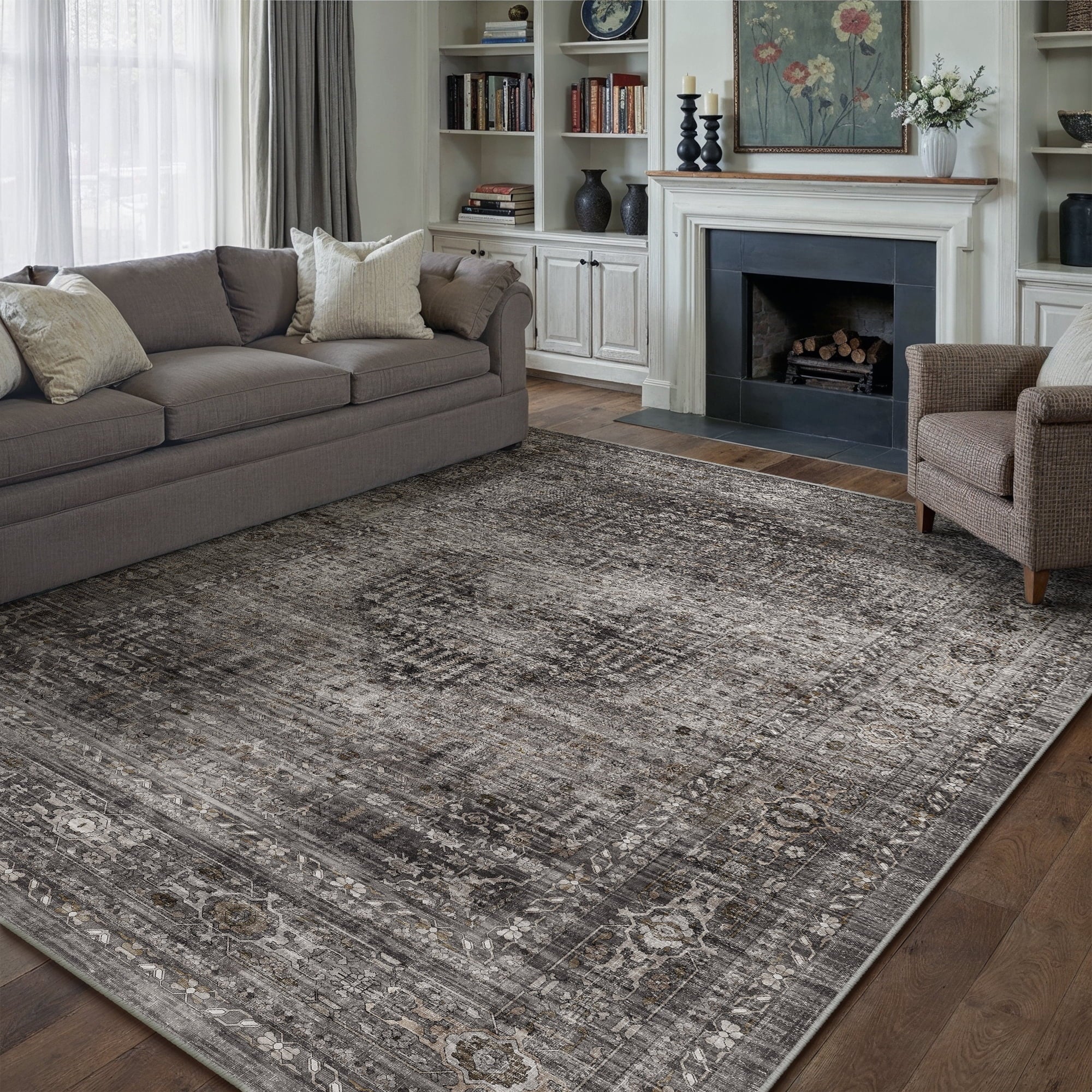 BERTHMEER 9'x12' Large Area Rugs for Living Room Bedroom Office Indoor Vintage Traditional Distressed Rugs Washable Non-slip,Brown Carpets